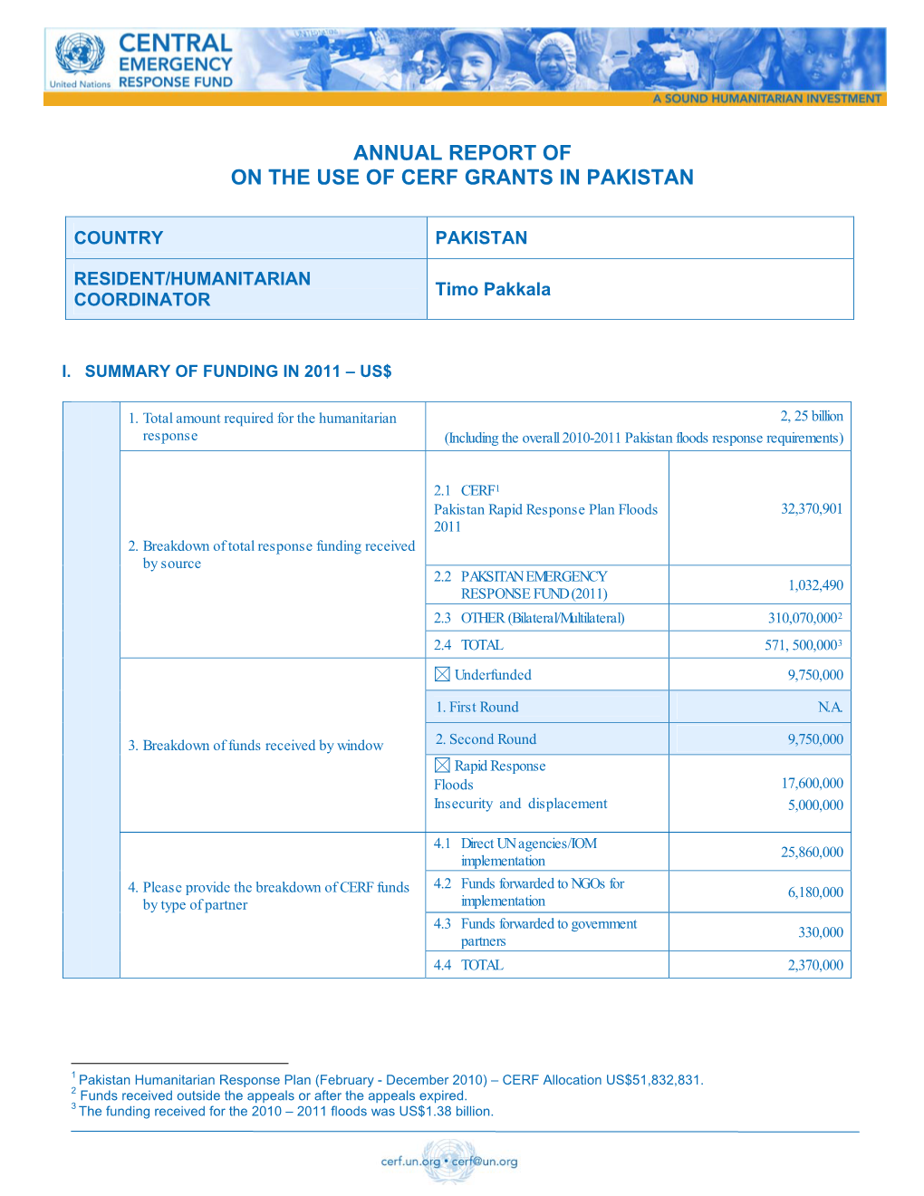 Annual Report of on the Use of Cerf Grants in Pakistan