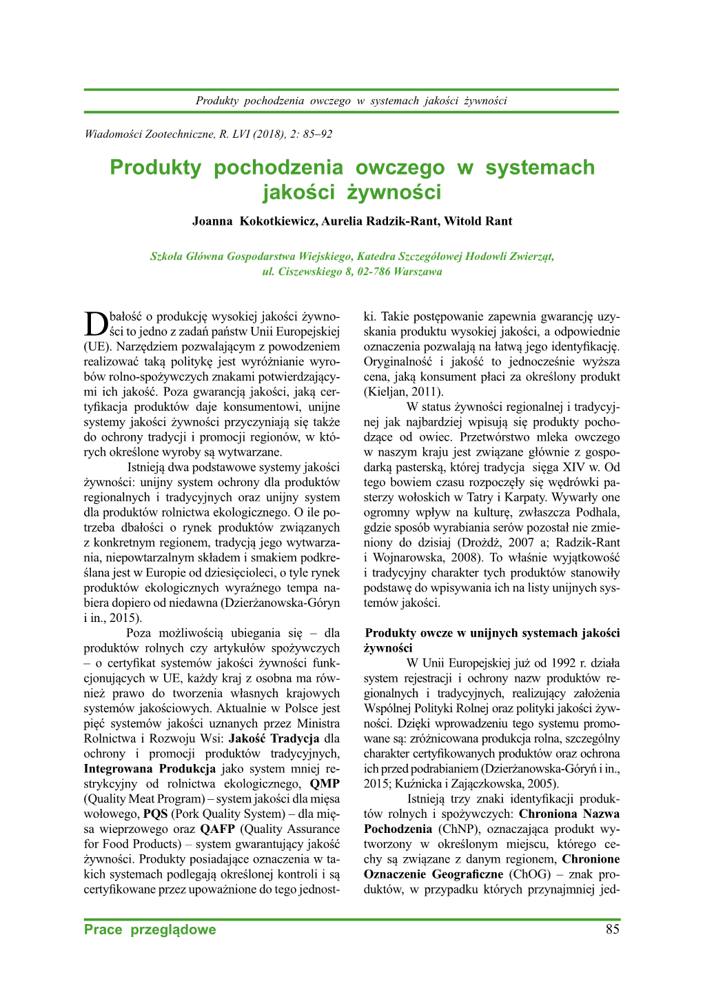 Produkty Pochodzenia Owczego W Systemach Jakości Żywności