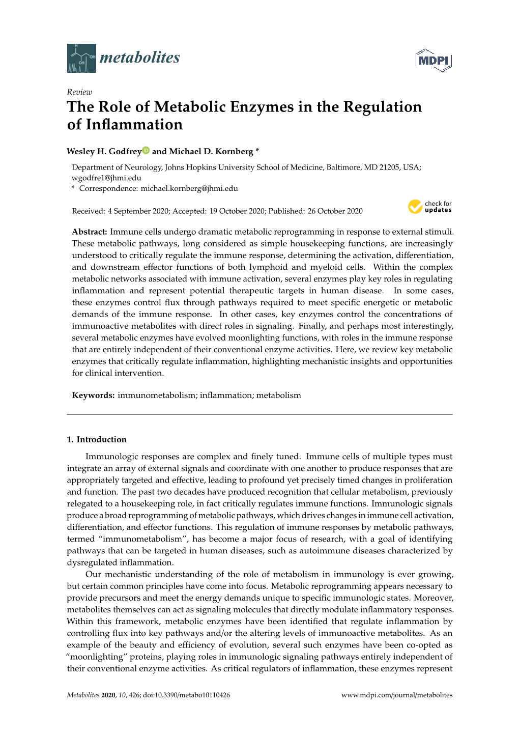 The Role of Metabolic Enzymes in the Regulation of Inflammation