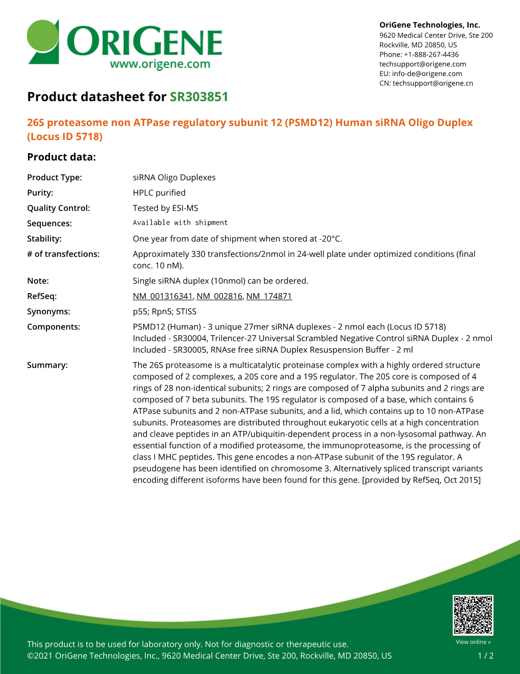 (PSMD12) Human Sirna Oligo Duplex (Locus ID 5718) Product Data
