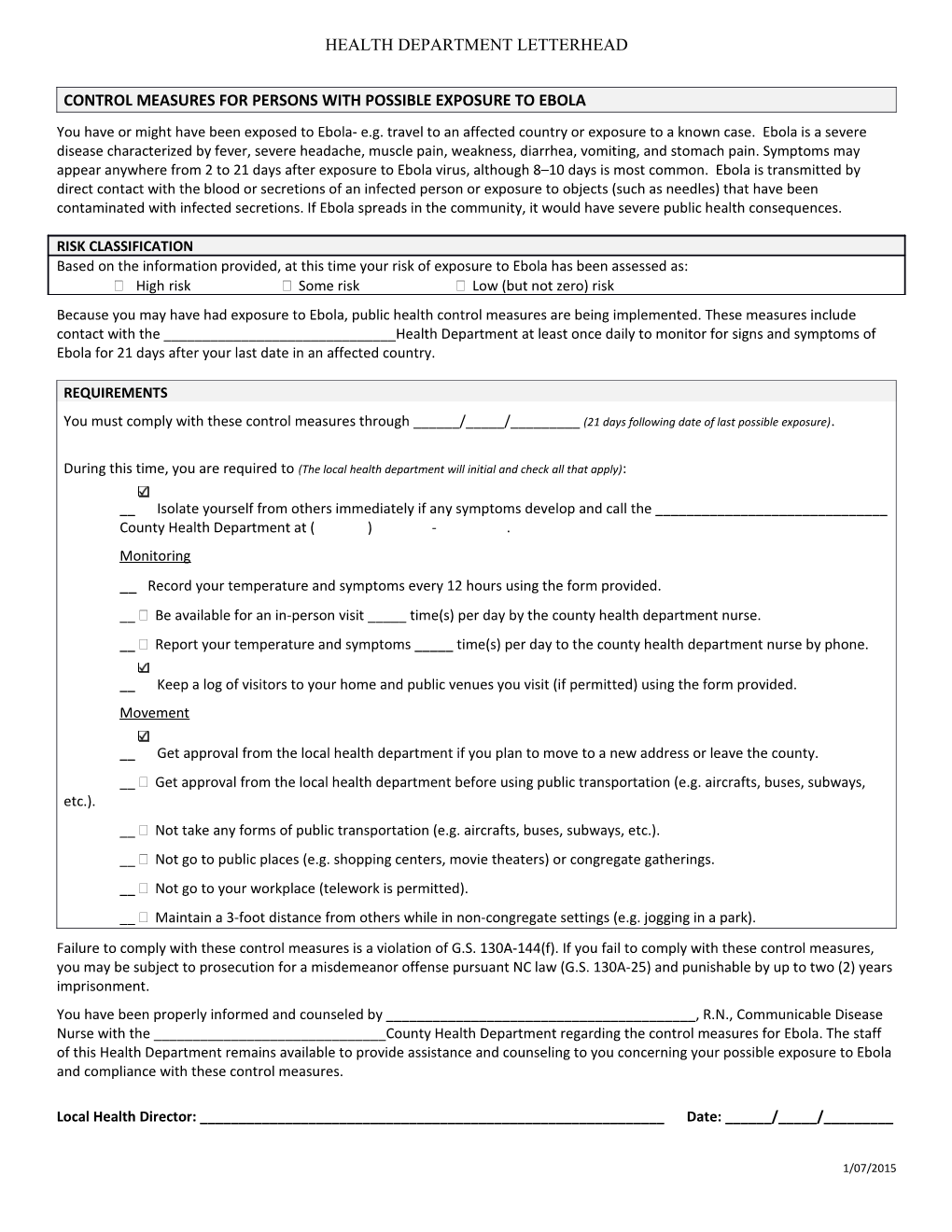 Control Measures for Persons with Possible Exposure to Ebola