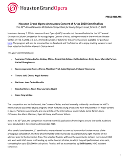 Houston Grand Opera Announces Concert of Arias 2020 Semifinalists the 32Nd Annual Eleanor Mccollum Competition for Young Singers Is Set for Feb