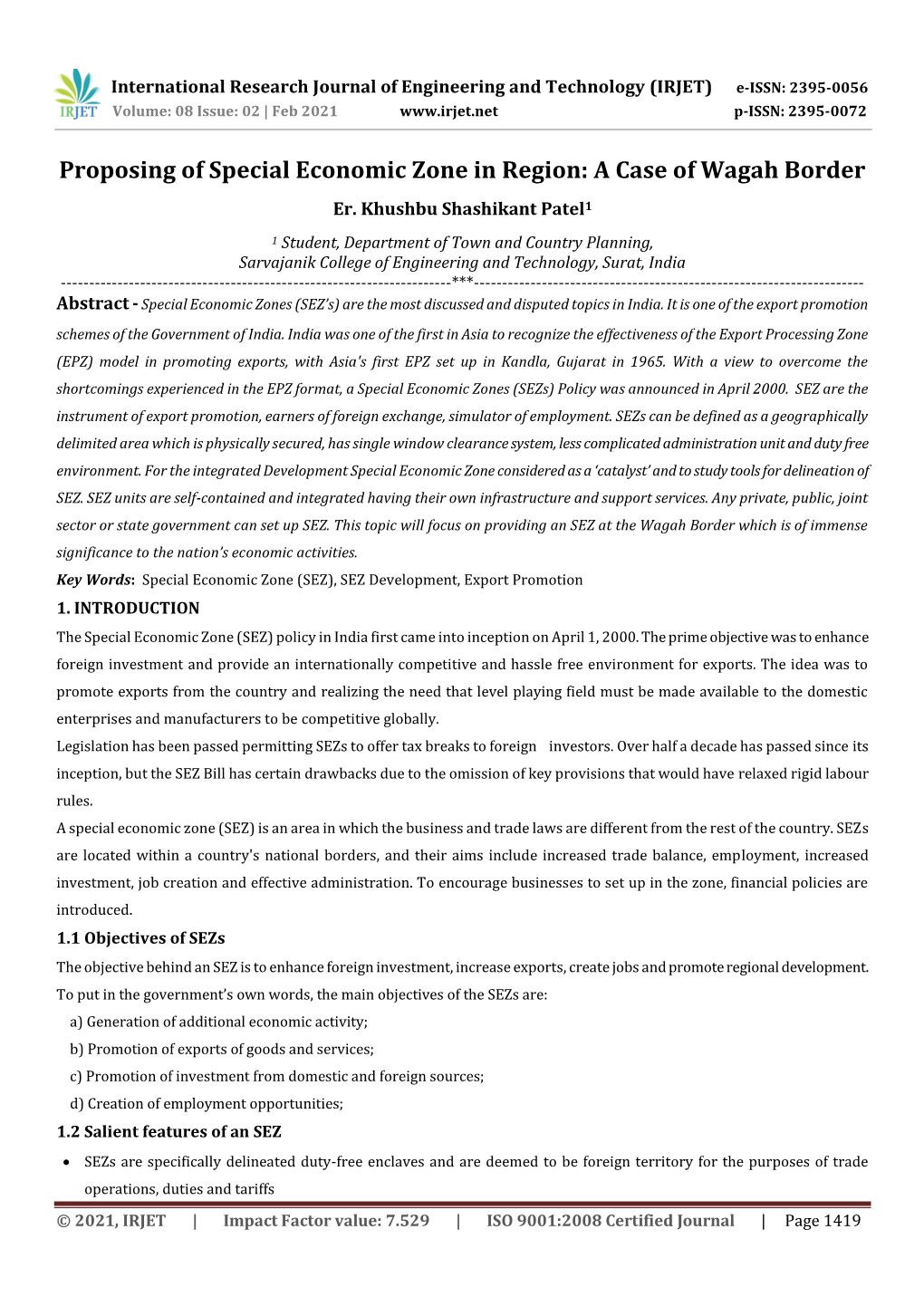 Proposing of Special Economic Zone in Region: a Case of Wagah Border Er