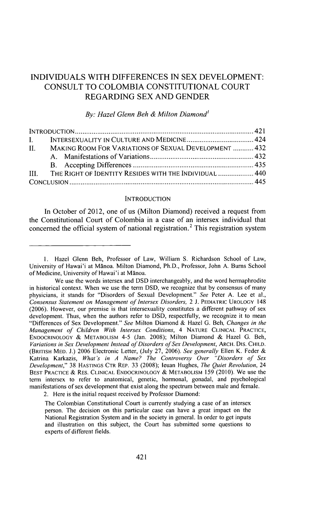 Individuals with Differences in Sex Development: Consult to Colombia Constitutional Court Regarding Sex and Gender