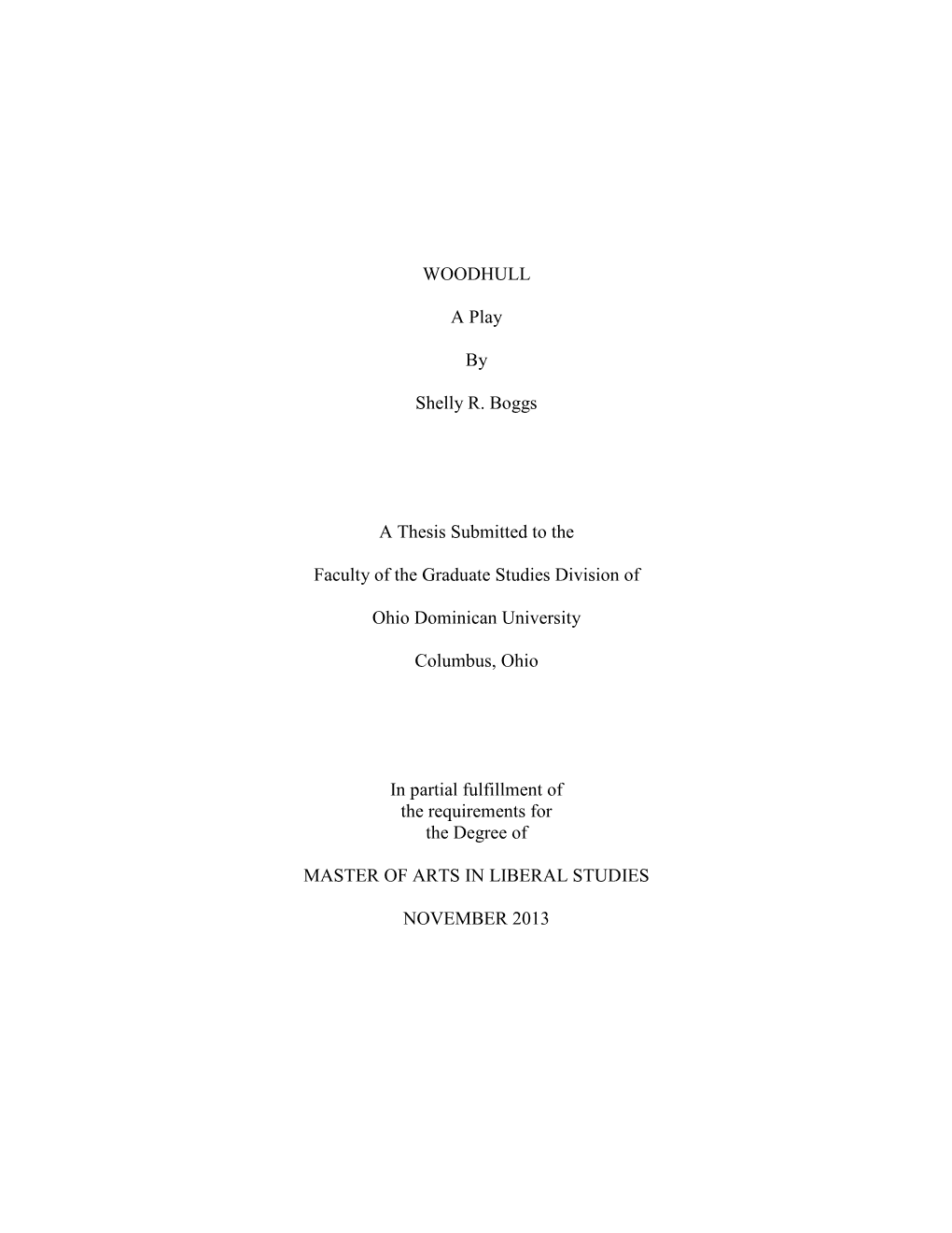 WOODHULL a Play by Shelly R. Boggs a Thesis Submitted to The