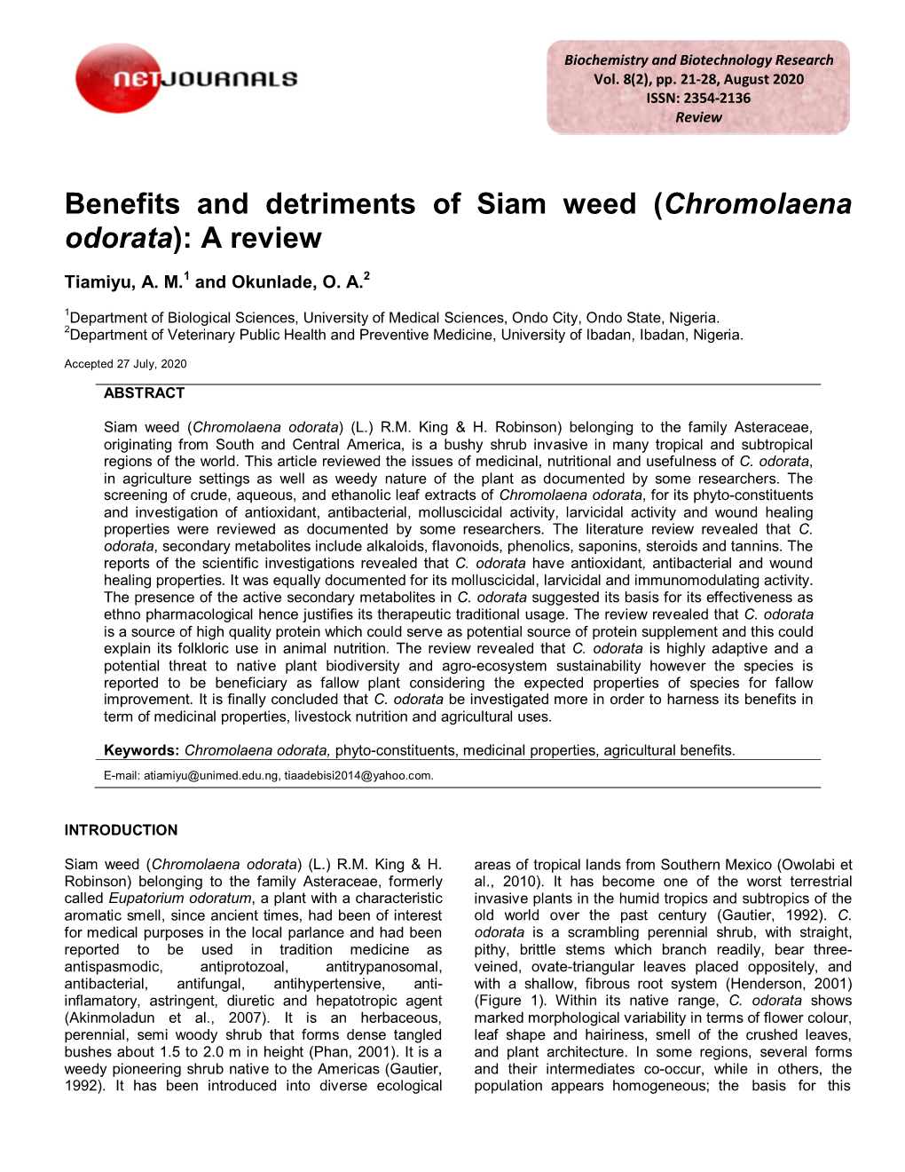 Chromolaena Odorata): a Review