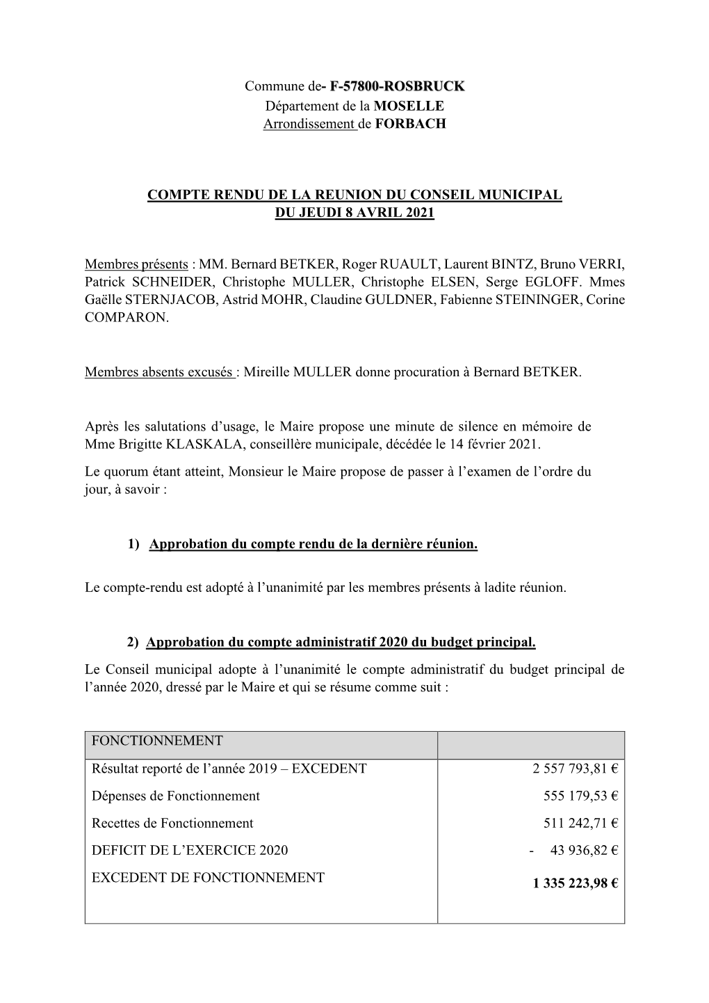 Commune De- F-57800-ROSBRUCK Département De La MOSELLE Arrondissement De FORBACH