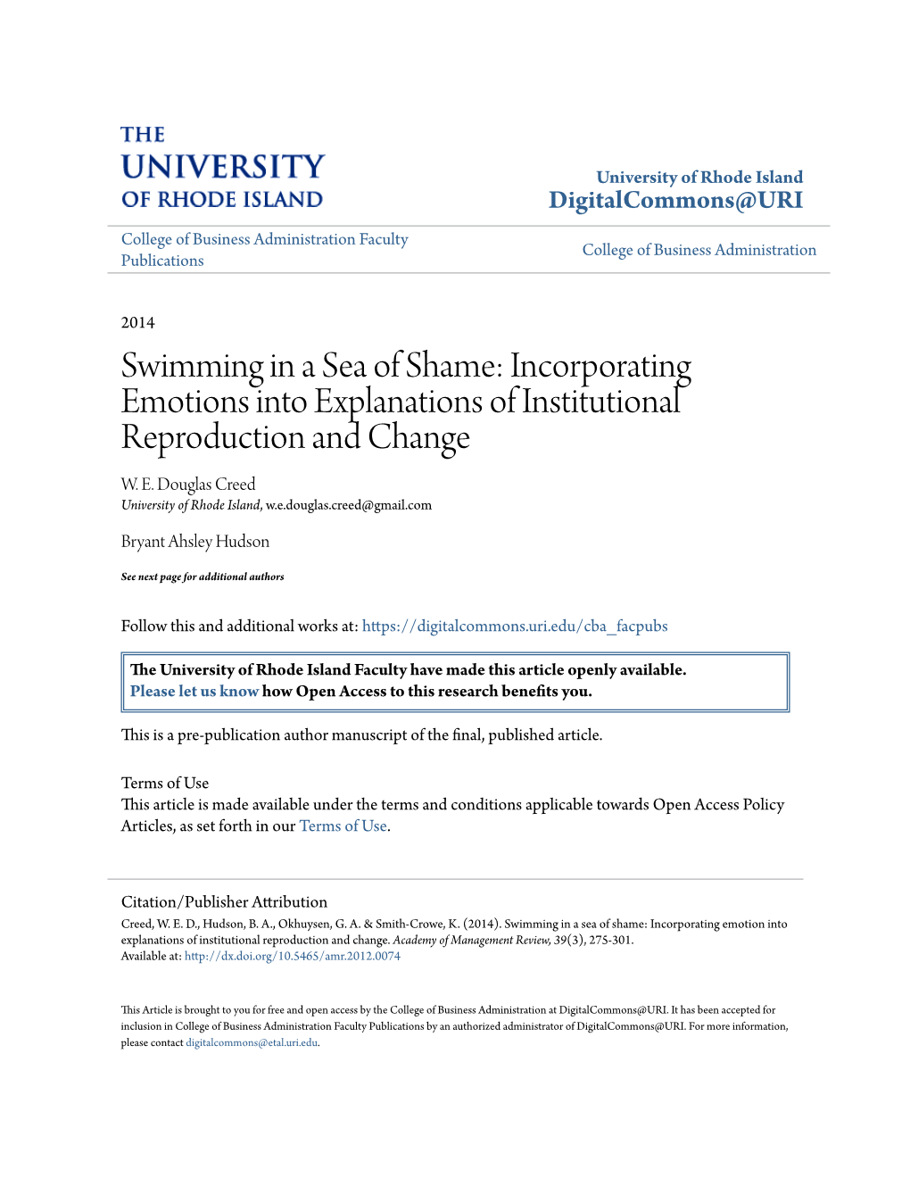 Swimming in a Sea of Shame: Incorporating Emotions Into Explanations of Institutional Reproduction and Change W