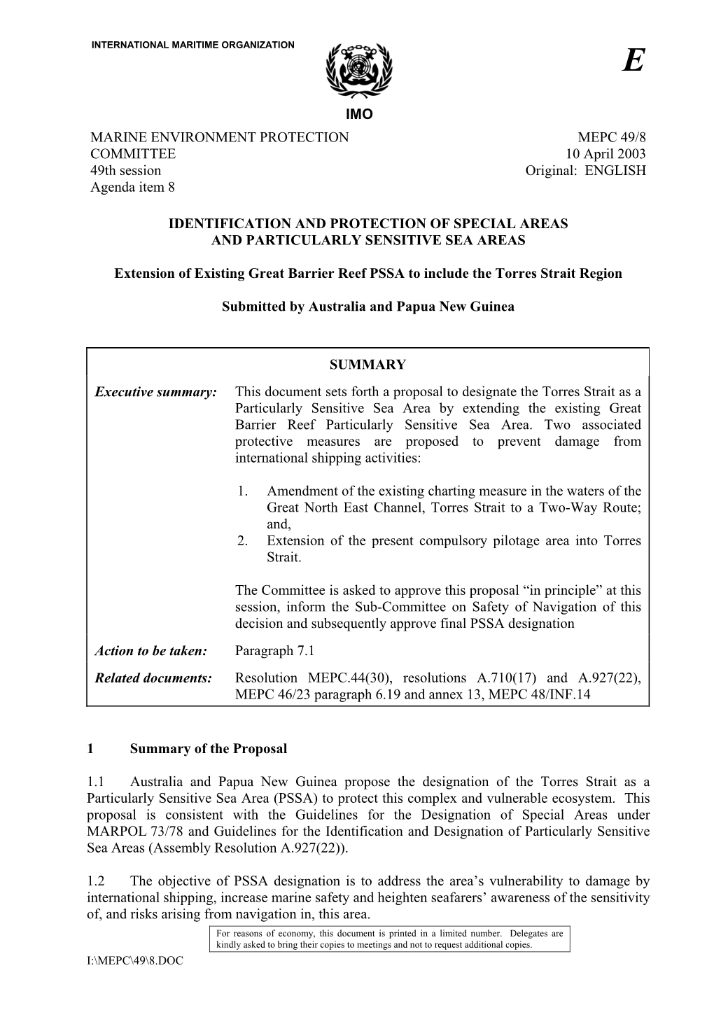 MEPC 49/8 COMMITTEE 10 April 2003 49Th Session Original: ENGLISH Agenda Item 8