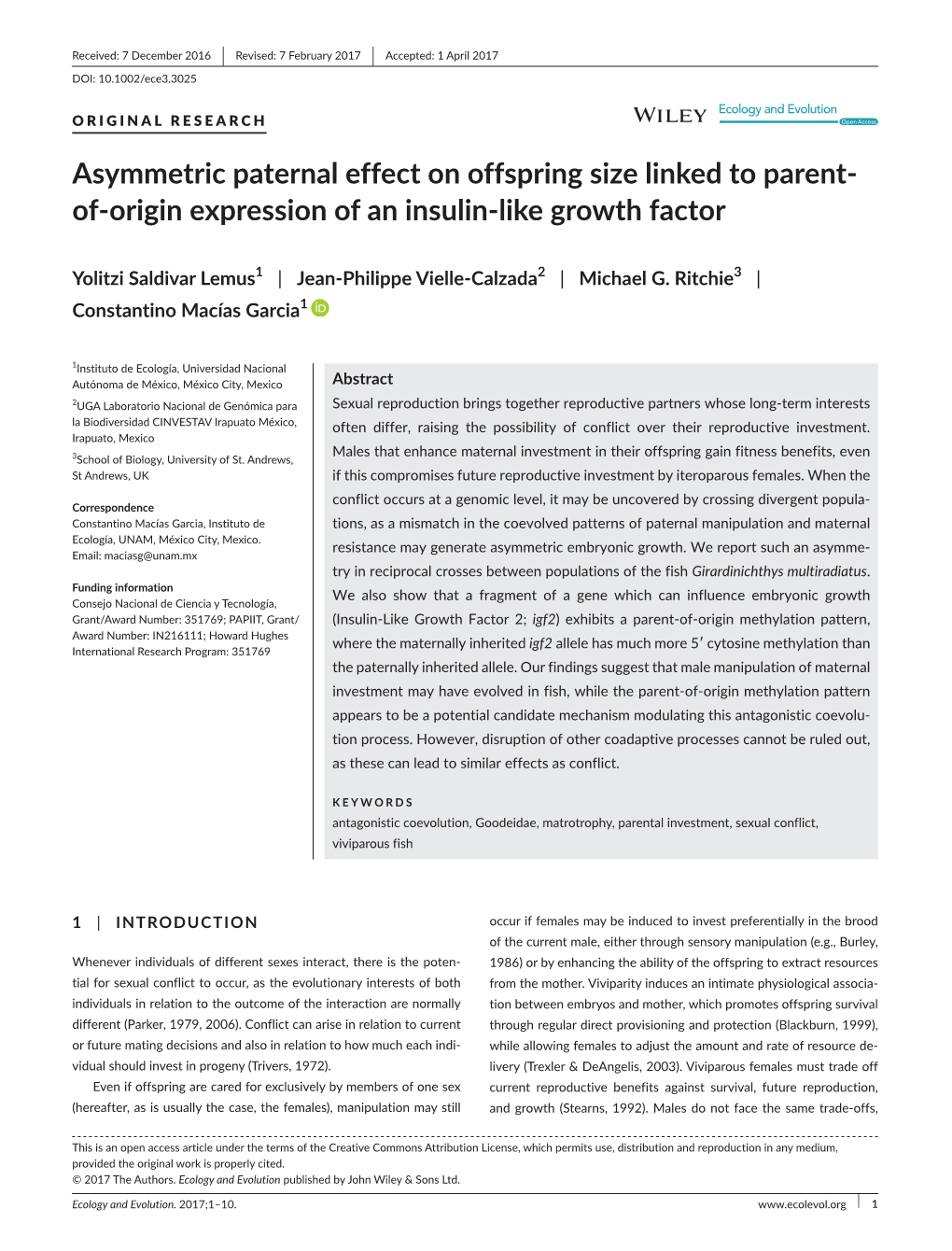 Asymmetric Paternal Effect on Offspring Size Linked to Parent-­ Of-Origin­ Expression of an Insulin-­Like Growth Factor