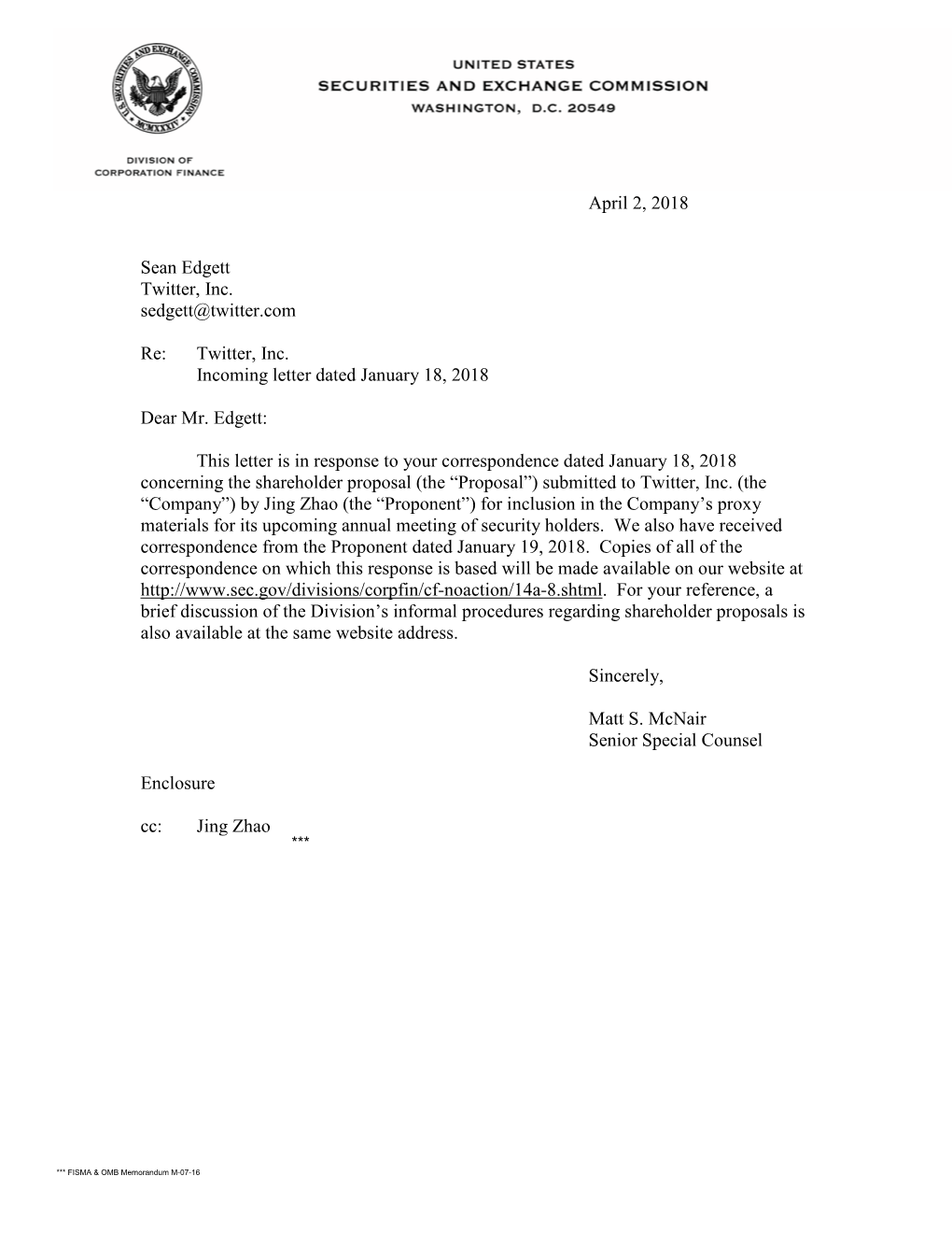 Twitter, Inc.; Rule 14A-8 No-Action Letter