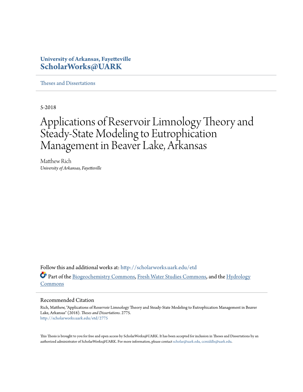 Applications of Reservoir Limnology Theory and Steady-State Modeling