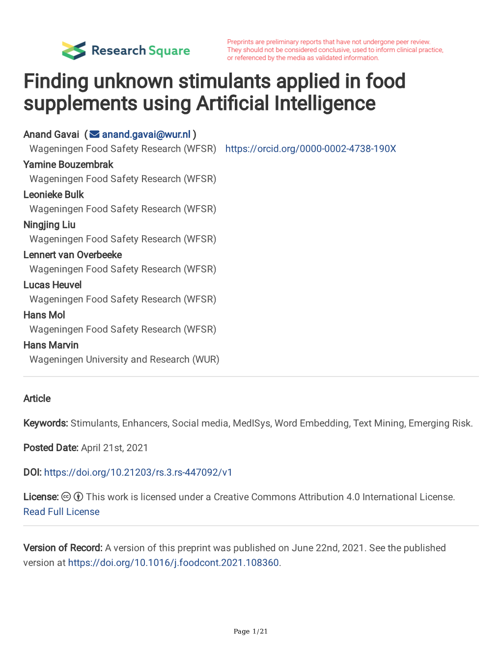 Finding Unknown Stimulants Applied in Food Supplements Using Arti Cial