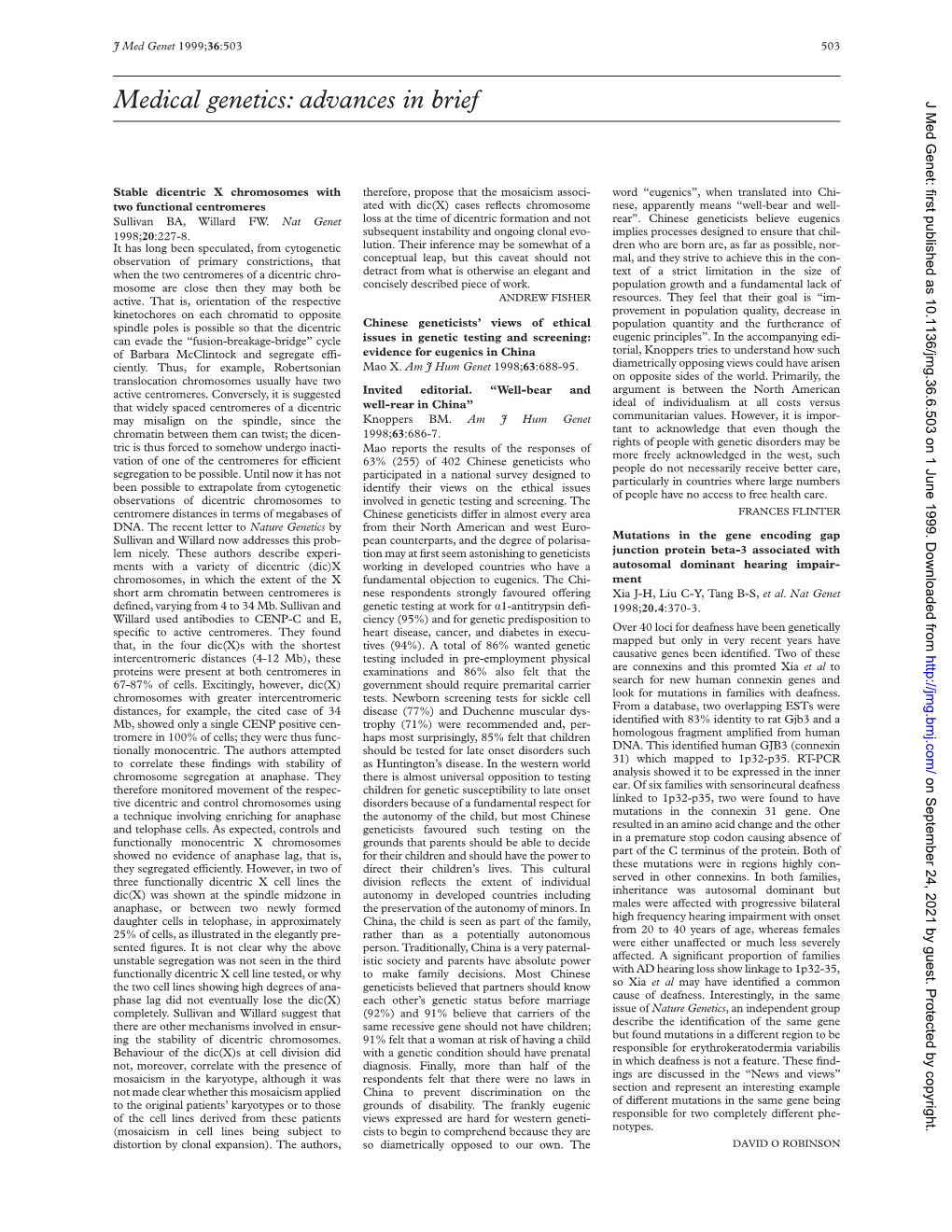Medical Genetics: Advances in Brief J Med Genet: First Published As 10.1136/Jmg.36.6.503 on 1 June 1999