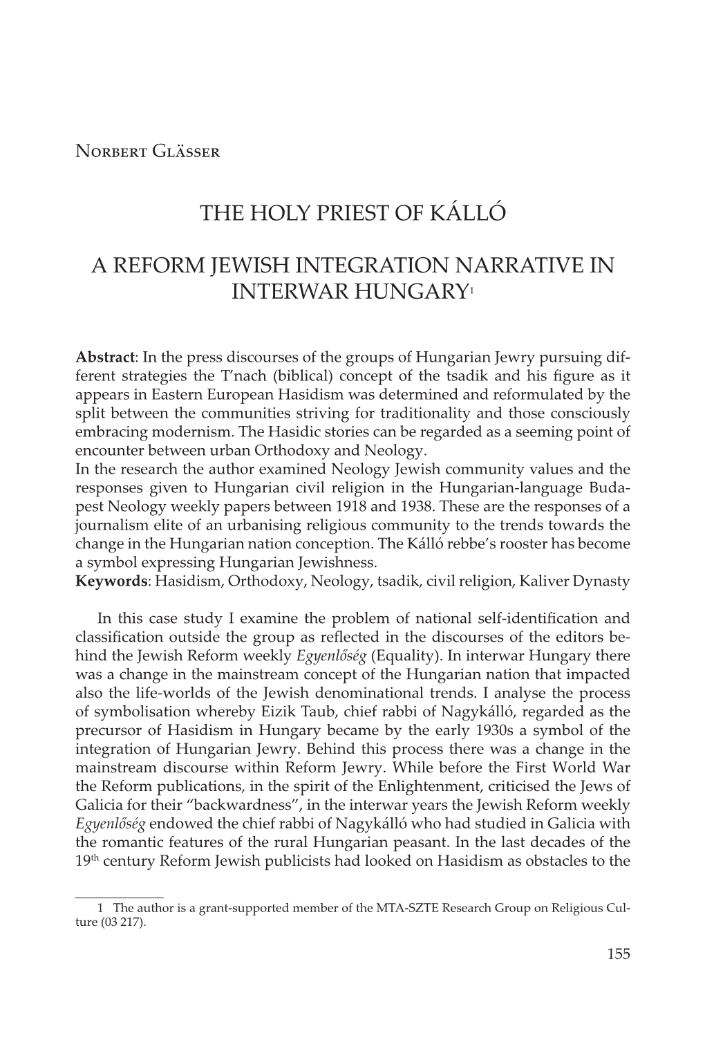 The Holy Priest of Kálló a Reform Jewish Integration