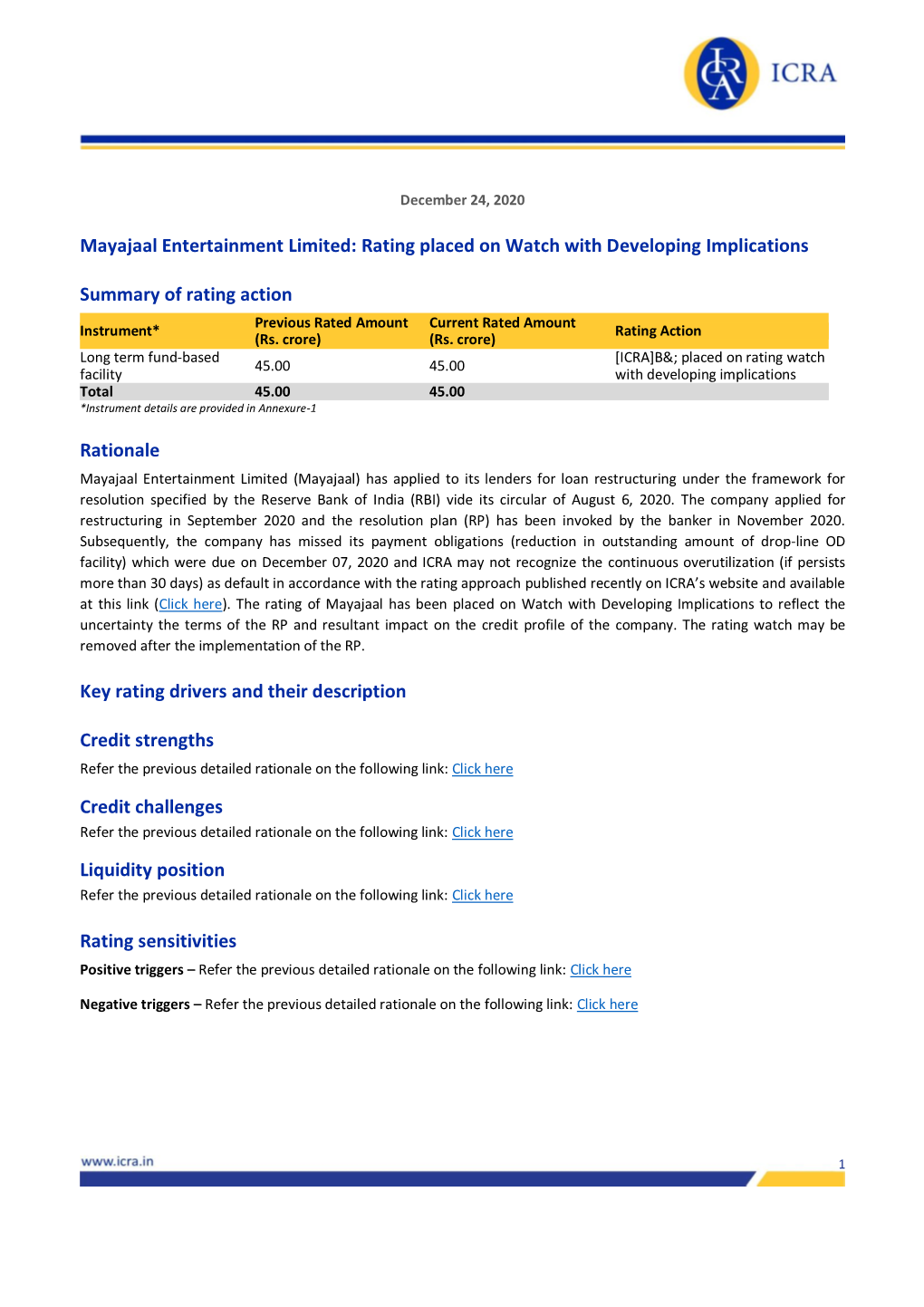 Mayajaal Entertainment Limited: Rating Placed on Watch with Developing Implications