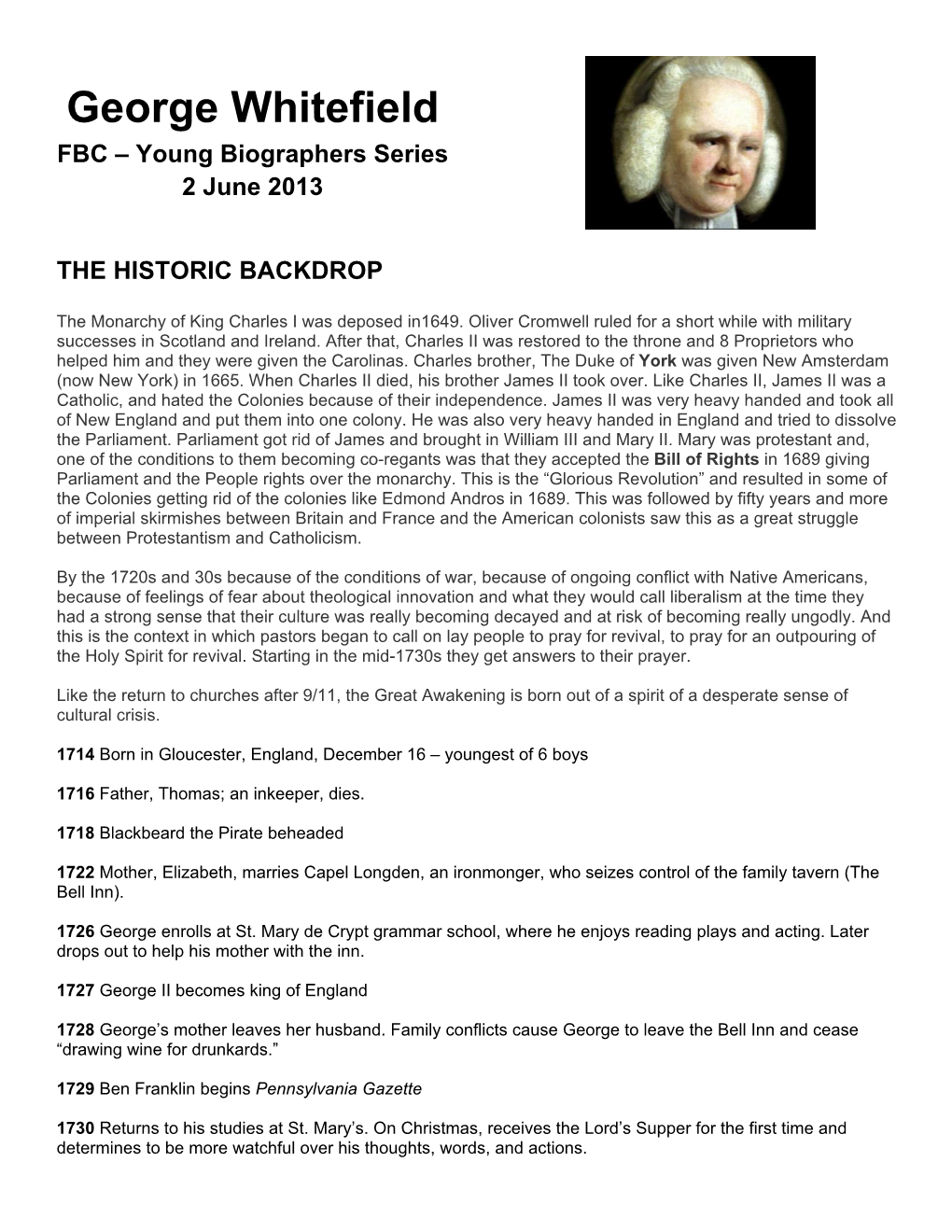 George Whitefield FBC – Young Biographers Series 2 June 2013