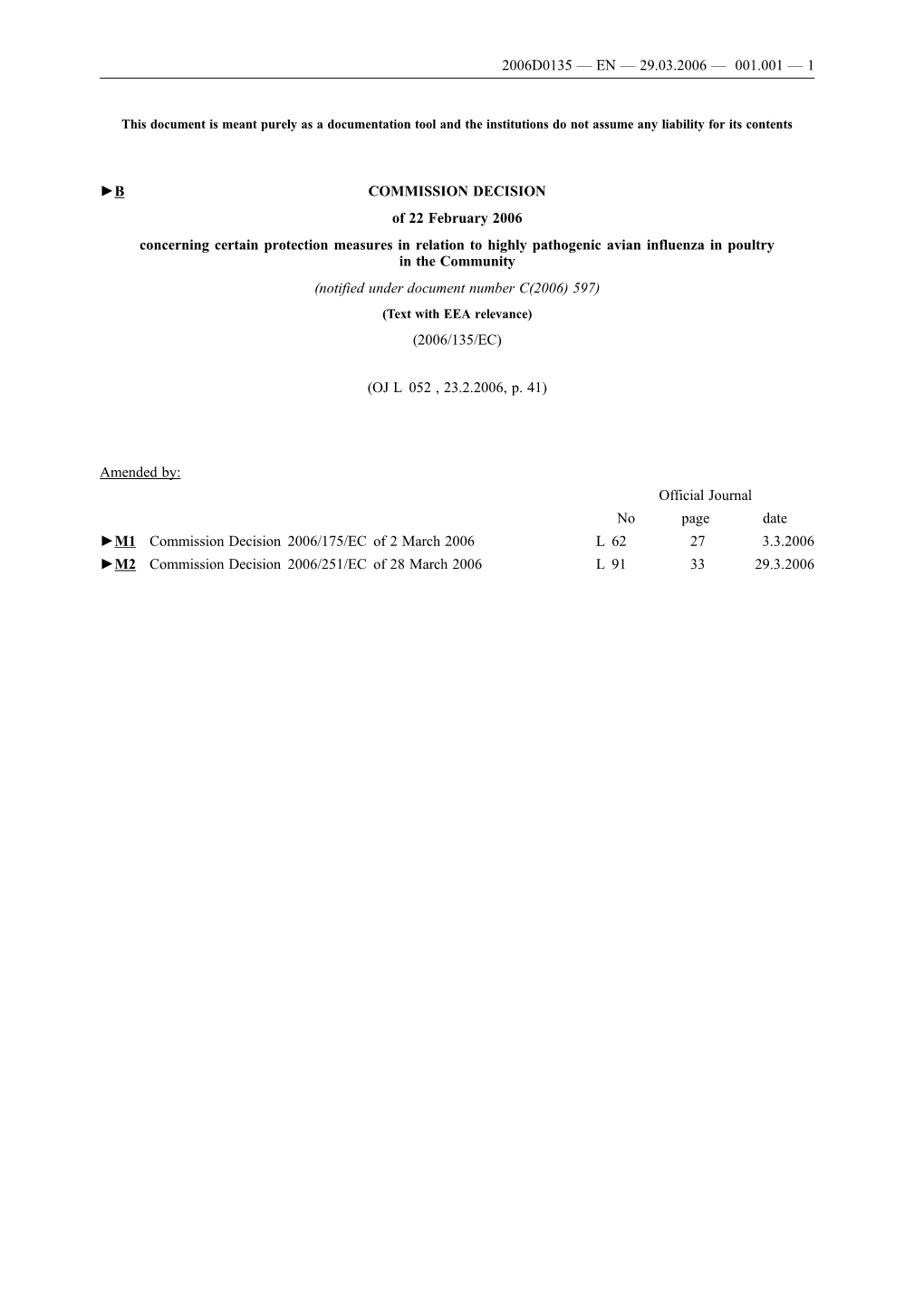 B COMMISSION DECISION of 22 February 2006 Concerning Certain Protection Measures in Relation to Highly Pathogenic Avian Influ