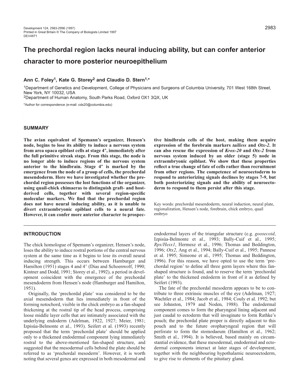 The Prechordal Region Lacks Neural Inducing Ability, but Can Confer Anterior Character to More Posterior Neuroepithelium