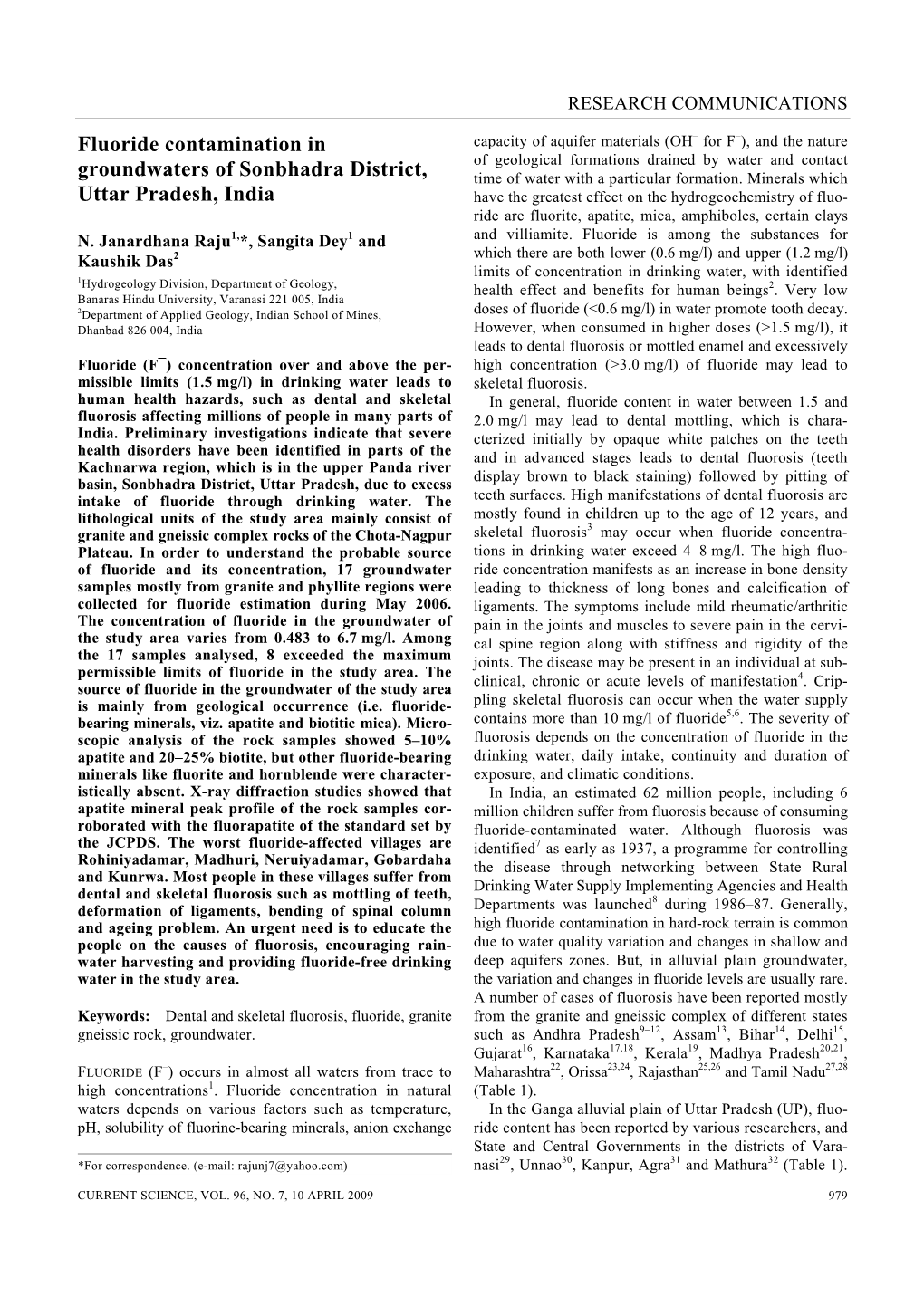 Fluoride Contamination in Groundwaters of Sonbhadra District