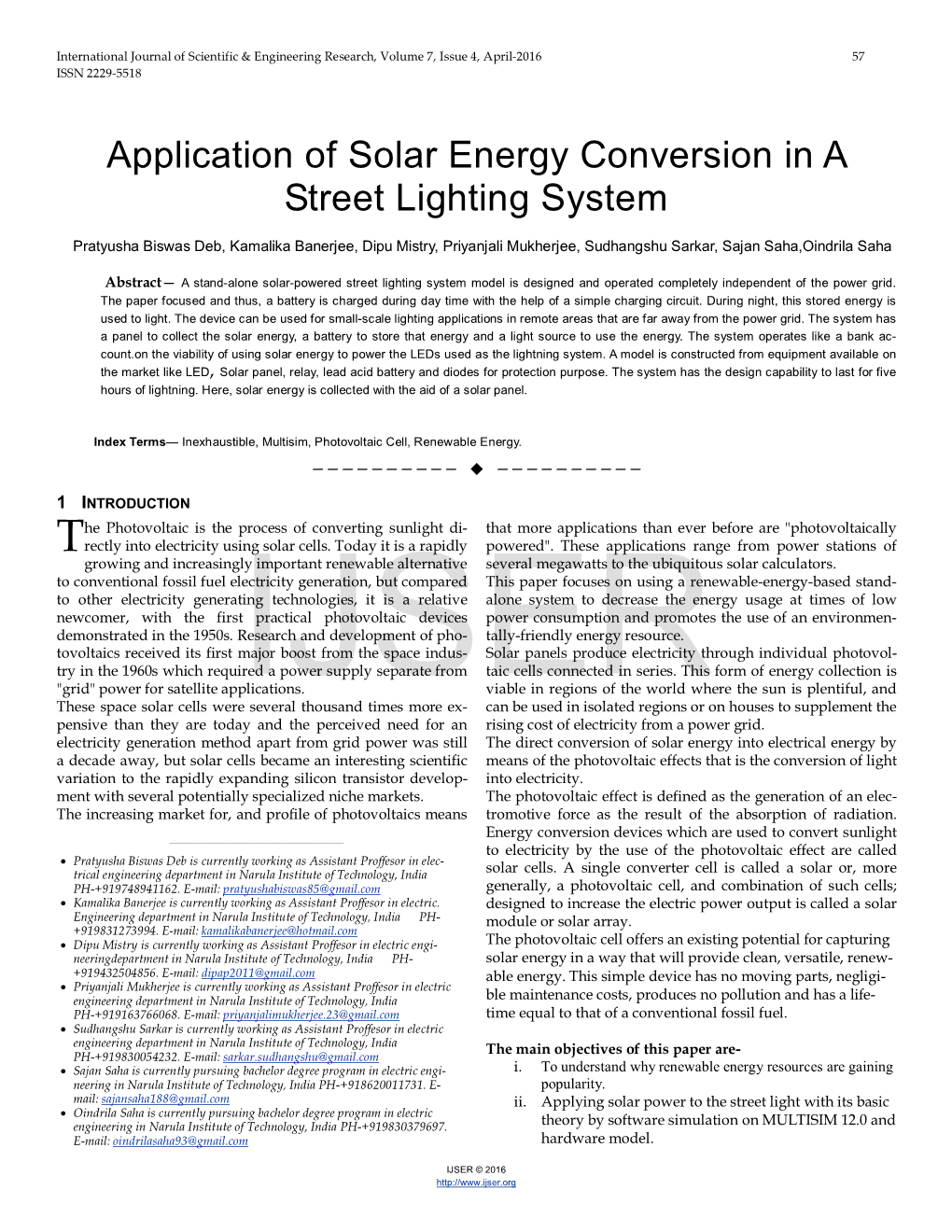 Application of Solar Energy Conversion in a Street Lighting System