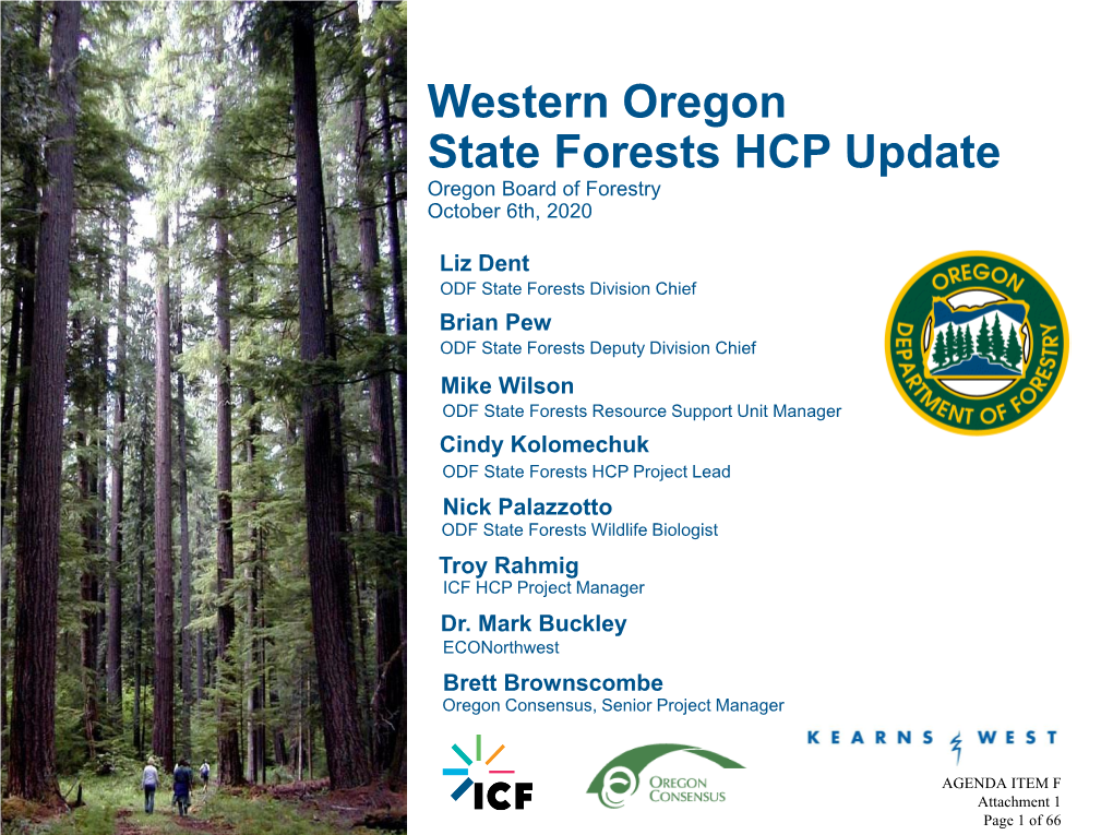 Western Oregon State Forests HCP Update Oregon Board of Forestry October 6Th, 2020