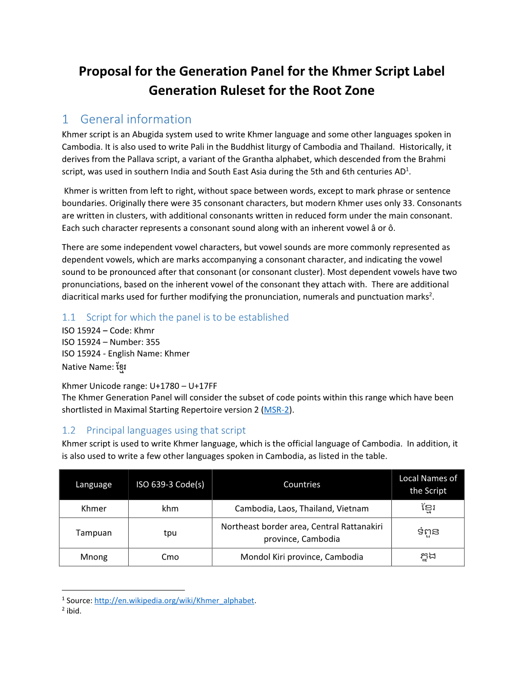Proposal for the Generation Panel for the Khmer Script Label Generation Ruleset for the Root Zone