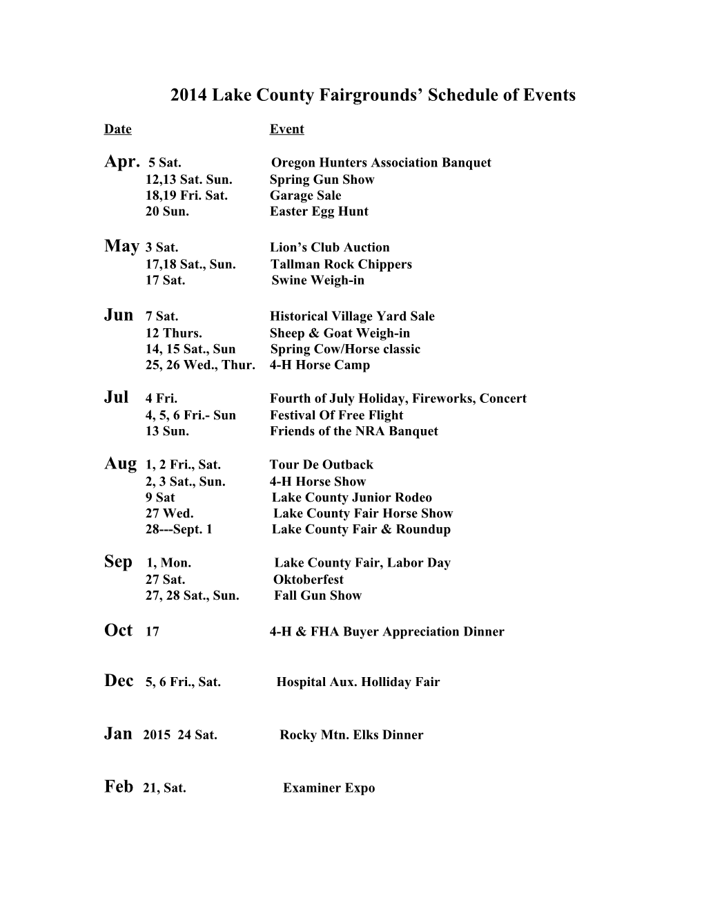 Lake County Fairgrounds’ Schedule Of Events