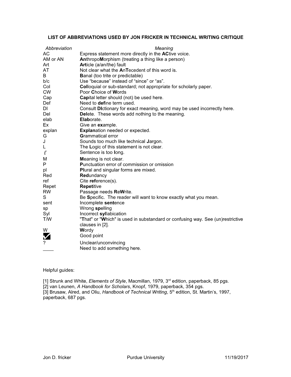 List Of Abbreviations Used In Technical Writing Critique