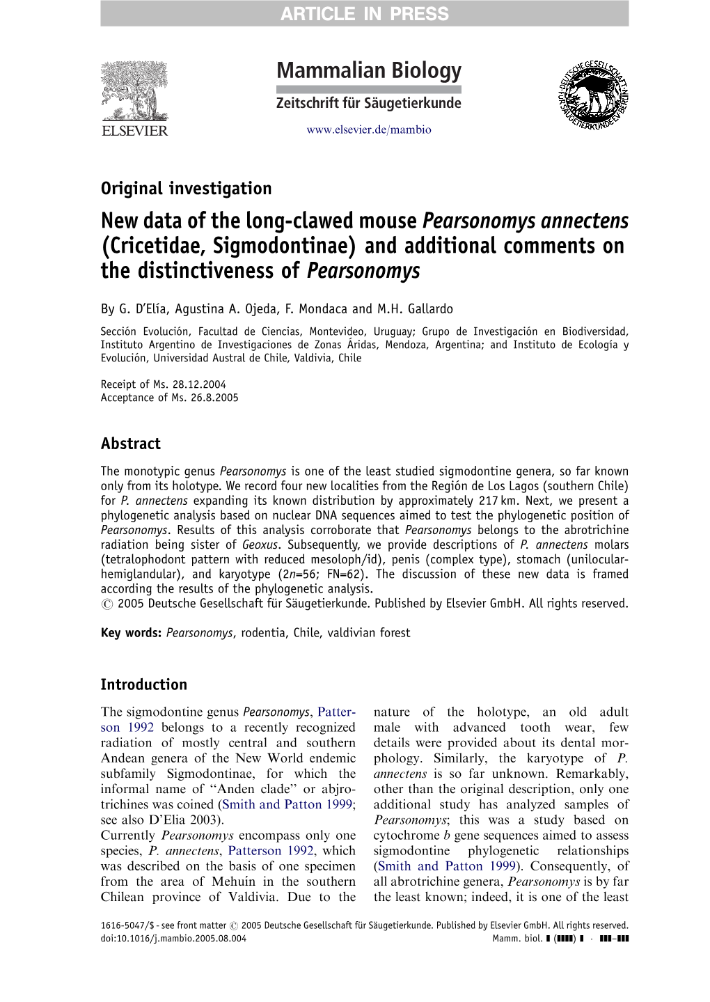 Cricetidae, Sigmodontinae) and Additional Comments on the Distinctiveness of Pearsonomys