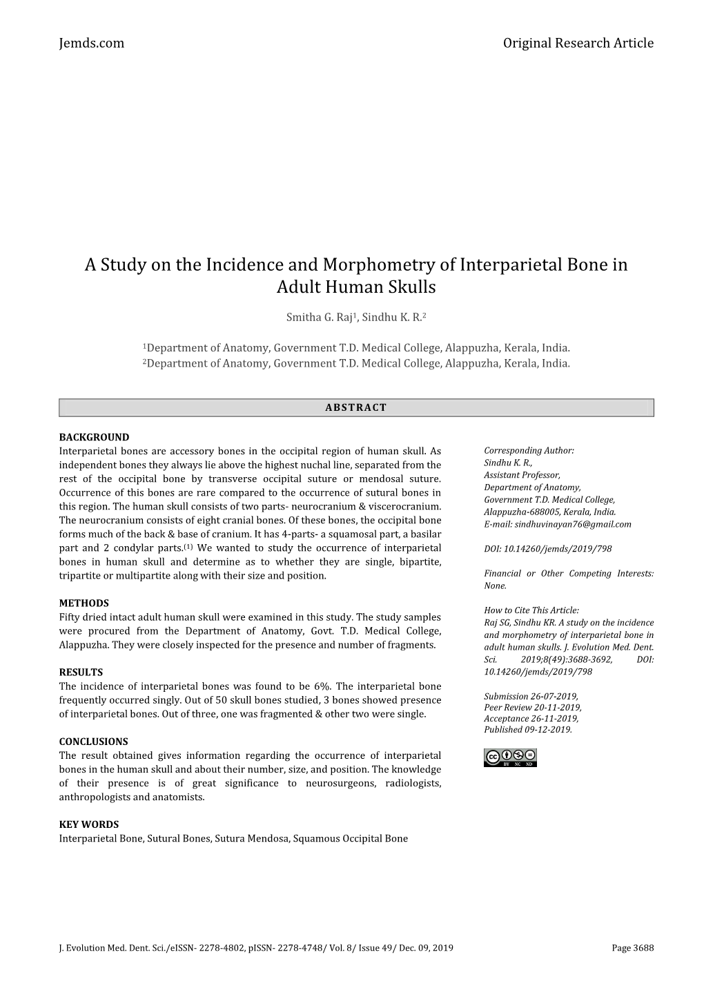 A Study on the Incidence and Morphometry of Interparietal Bone in Adult Human Skulls