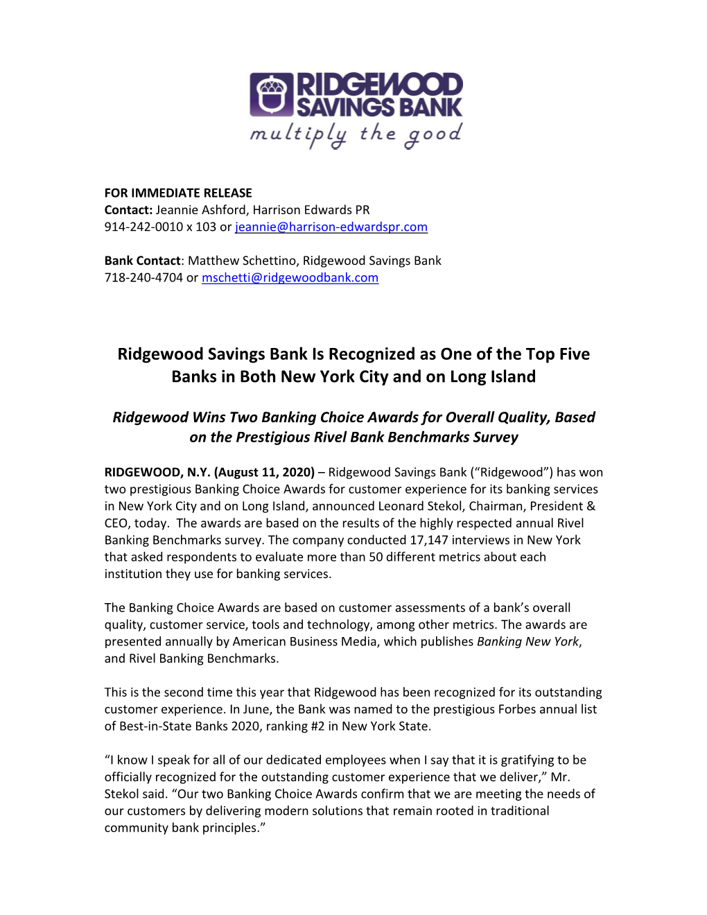 Ridgewood Savings Bank Is Recognized As One of the Top Five Banks in Both New York City and on Long Island