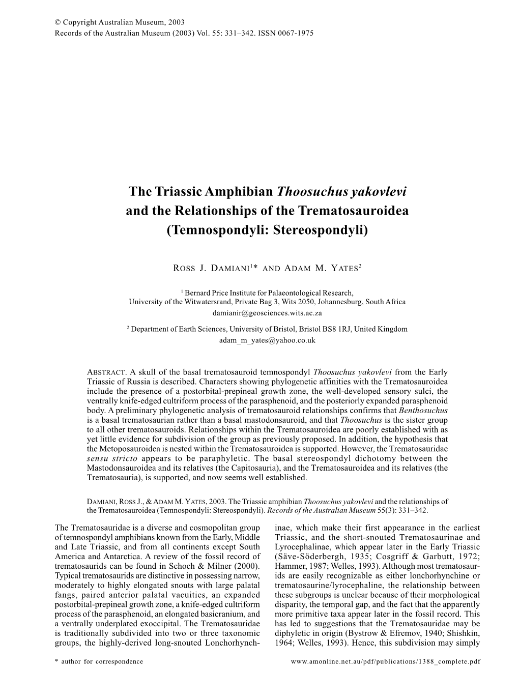 The Triassic Amphibian Thoosuchus Yakovlevi and the Relationships of the Trematosauroidea (Temnospondyli: Stereospondyli)