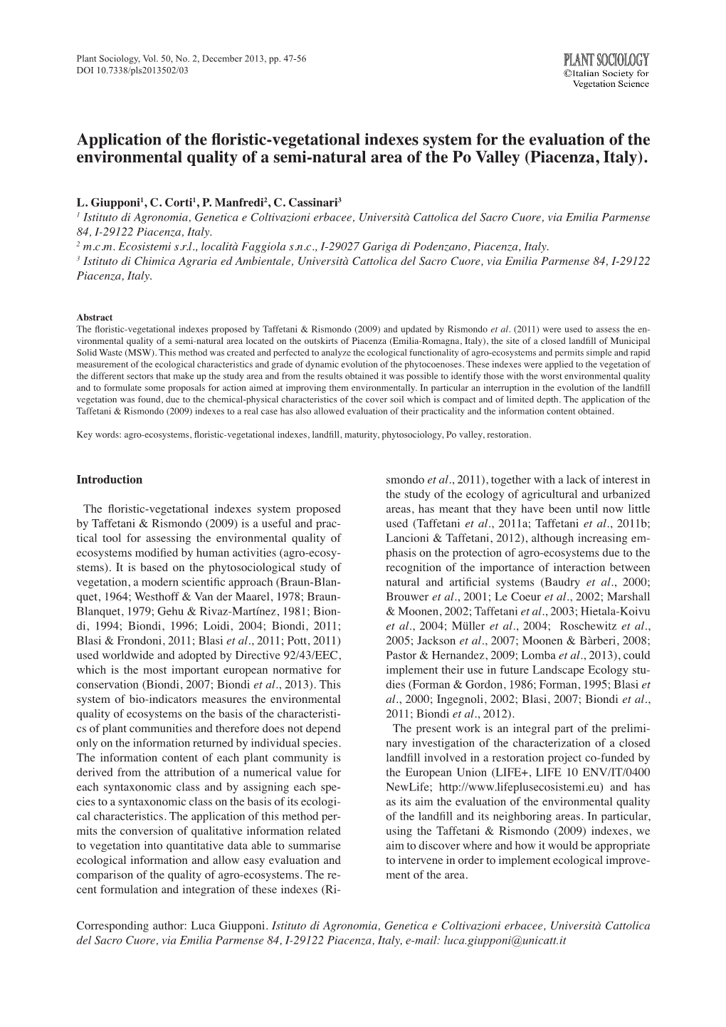 Application of the Floristic-Vegetational Indexes System for the Evaluation of the Environmental Quality of a Semi-Natural Area of the Po Valley (Piacenza, Italy)