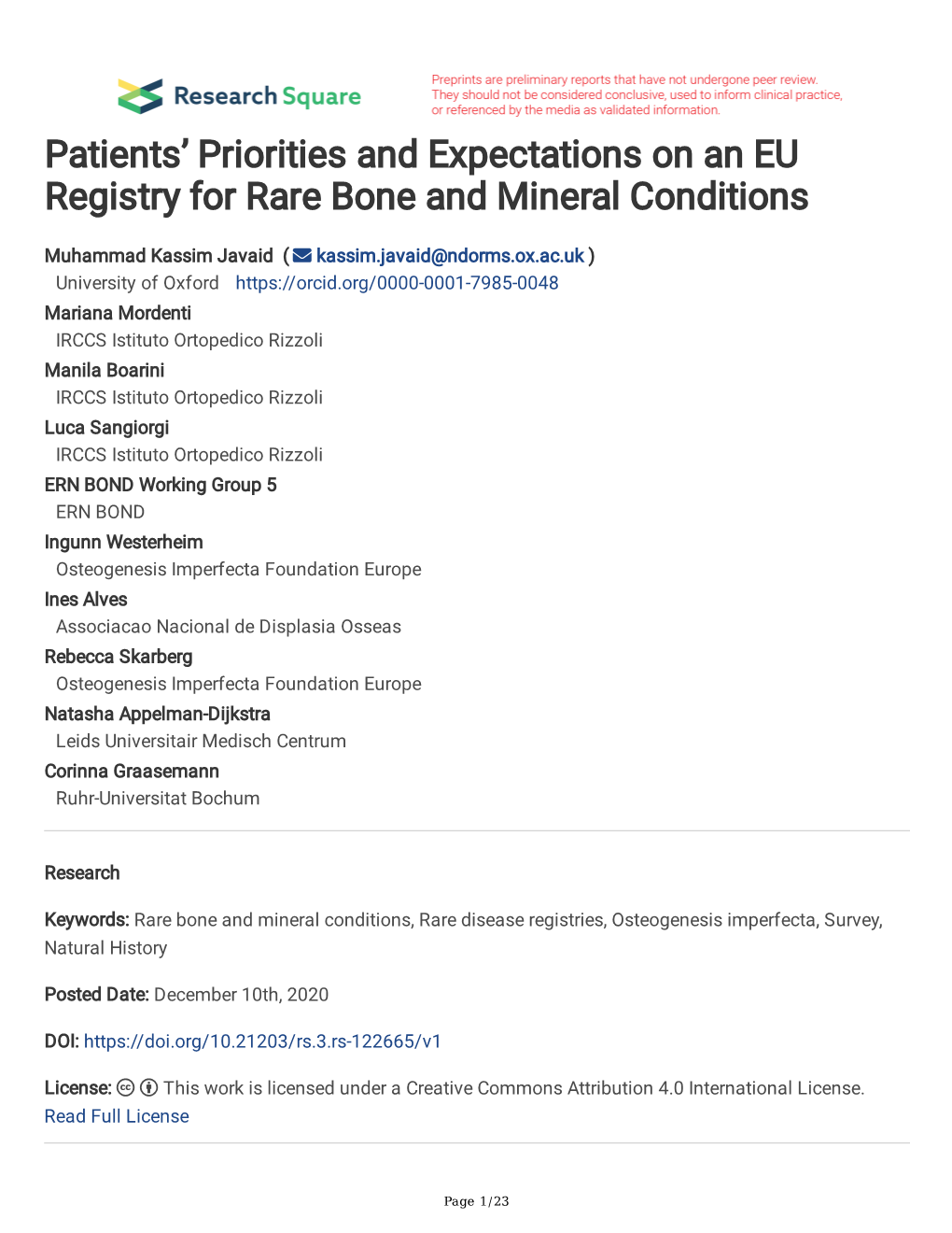 Patients' Priorities and Expectations on an EU Registry for Rare Bone