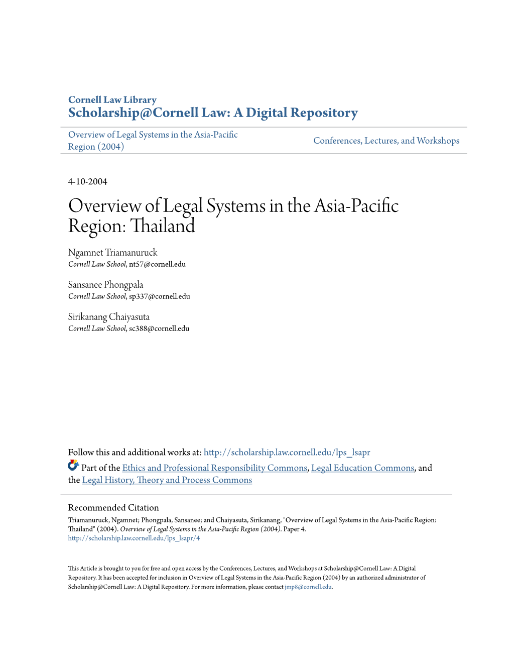 Overview of Legal Systems in the Asia-Pacific Region: Thailand Ngamnet Triamanuruck Cornell Law School, Nt57@Cornell.Edu