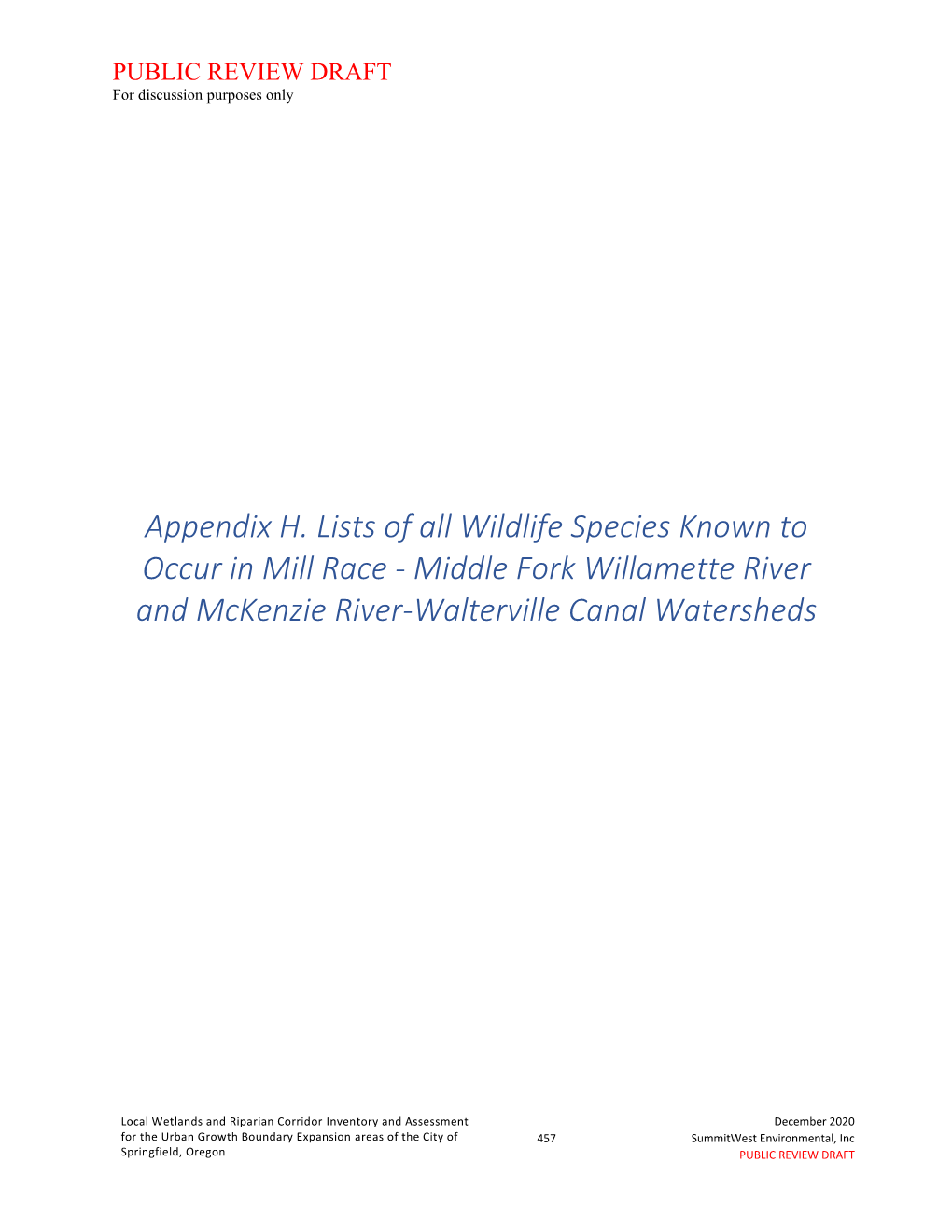 Wildlife Species Known to Occur in Mill Race - Middle Fork Willamette River and Mckenzie River-Walterville Canal Watersheds