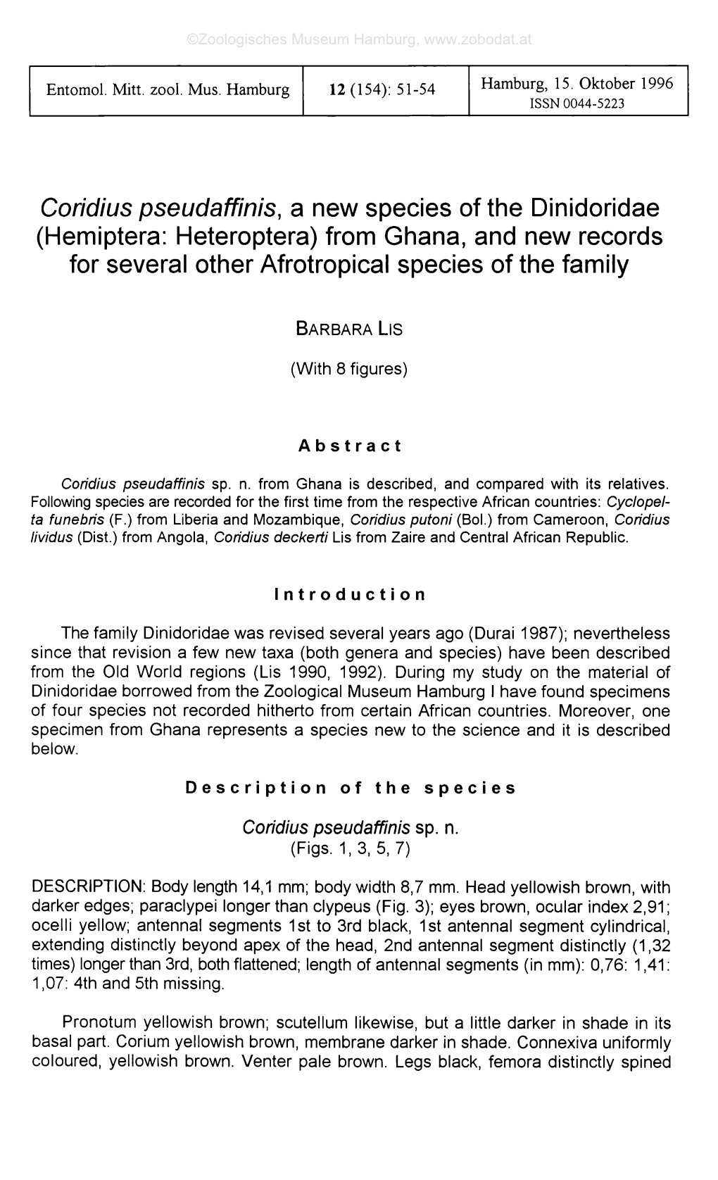 Coridius Pseudaffinis, a New Species of the Dinidoridae (Hemiptera: Heteroptera) from Ghana, and New Records for Several Other Afrotropical Species of the Family