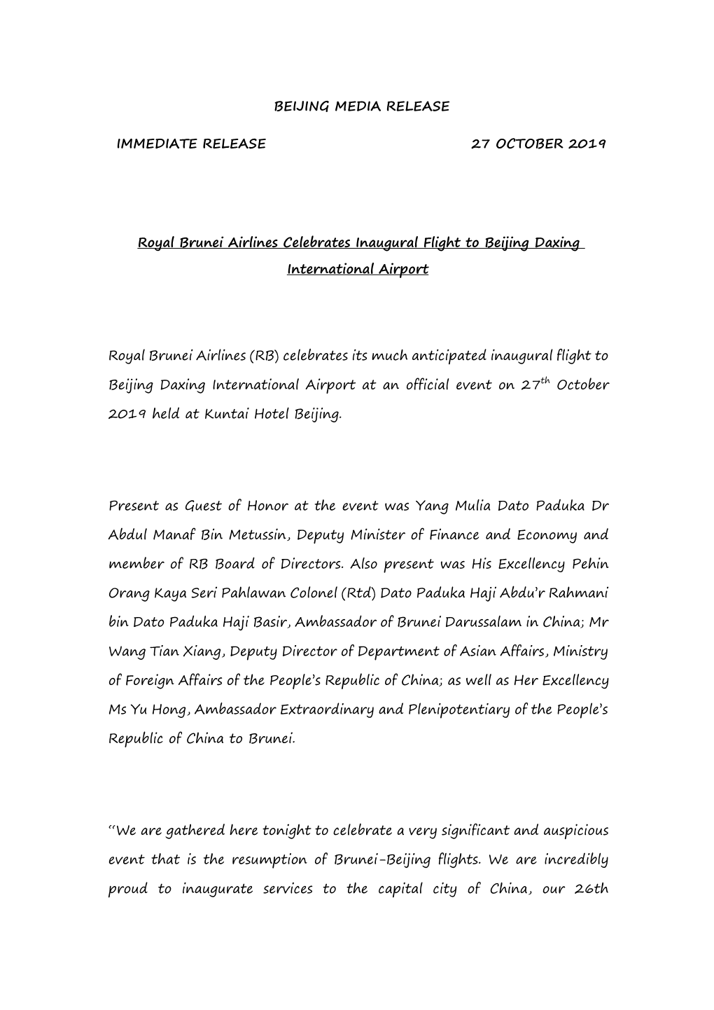 Beijing Media Release Immediate Release 27