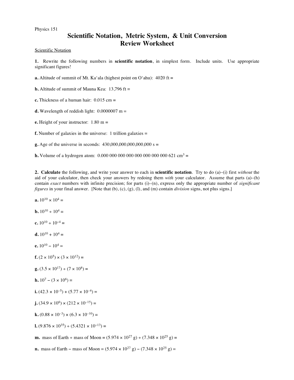 Scientific Notation, Metric System, & Unit Conversion Review Worksheet