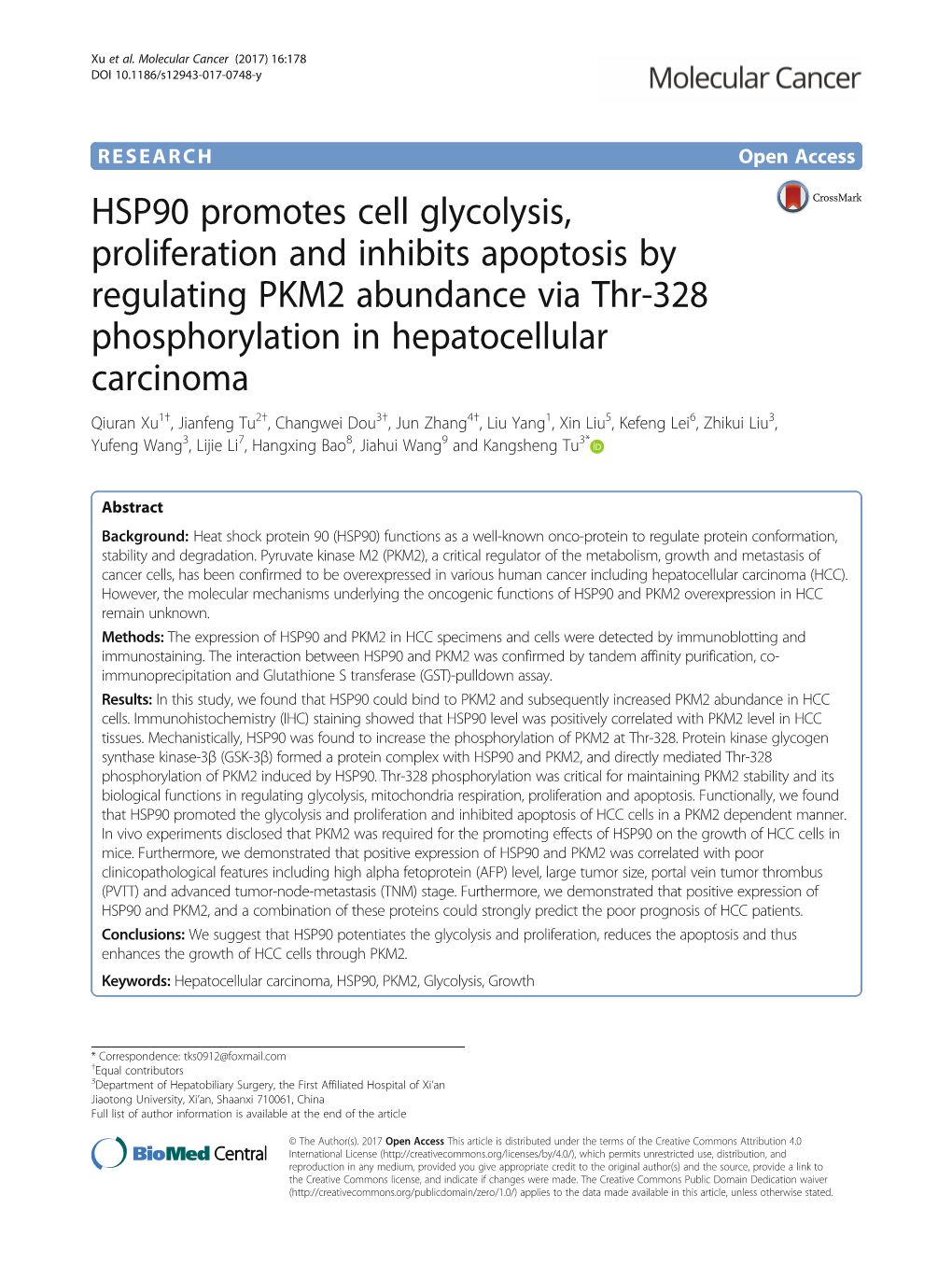 HSP90 Promotes Cell Glycolysis, Proliferation and Inhibits Apoptosis
