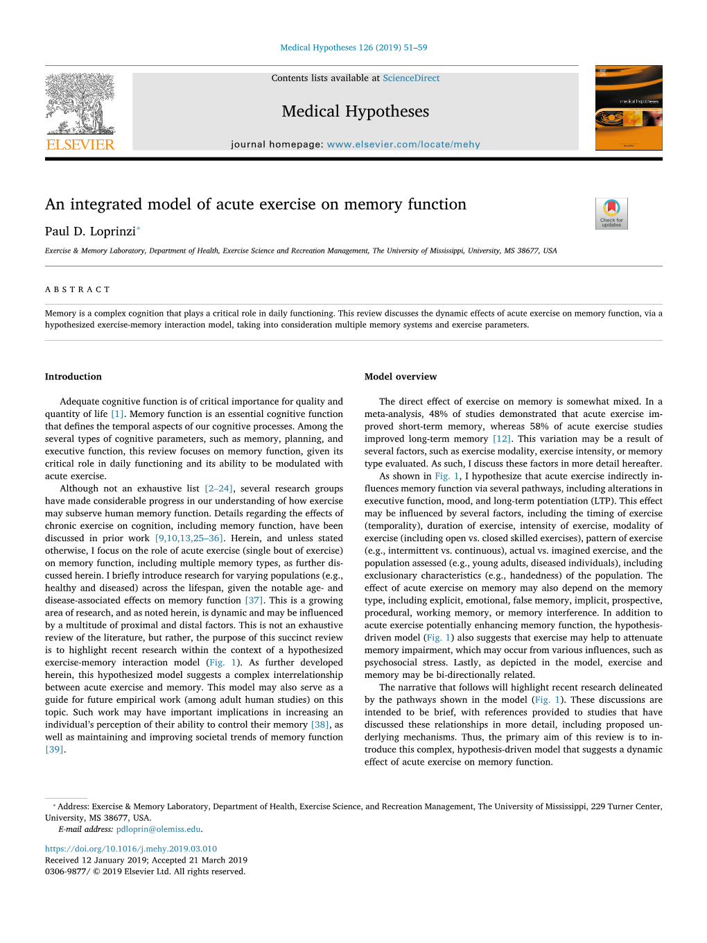 An Integrated Model of Acute Exercise on Memory Function T ⁎ Paul D