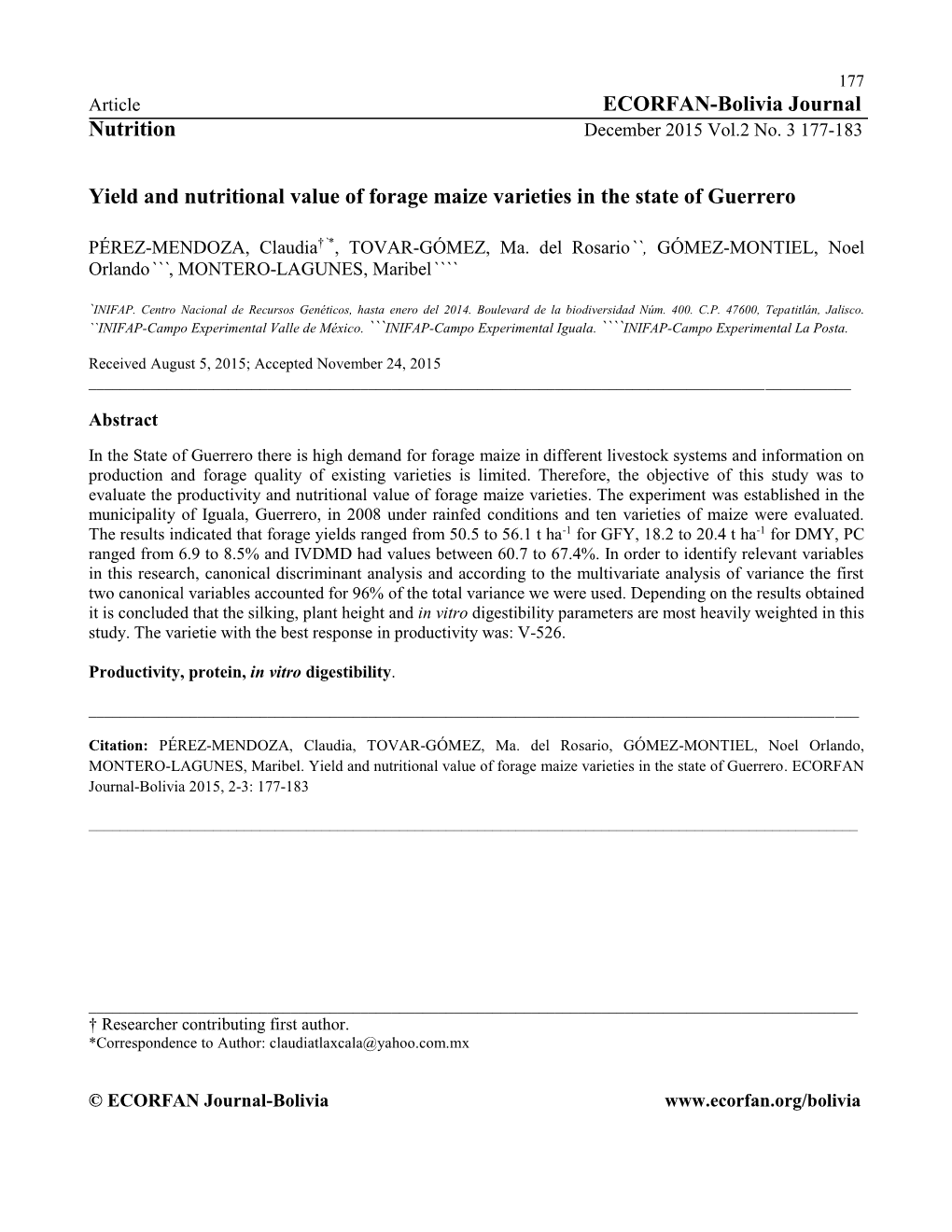 ECORFAN-Bolivia Journal Nutrition Yield and Nutritional Value of Forage