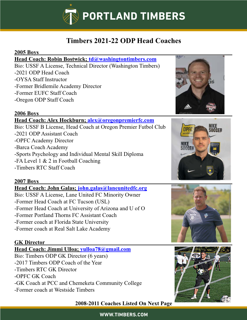 Timbers 2021-22 ODP Head Coaches
