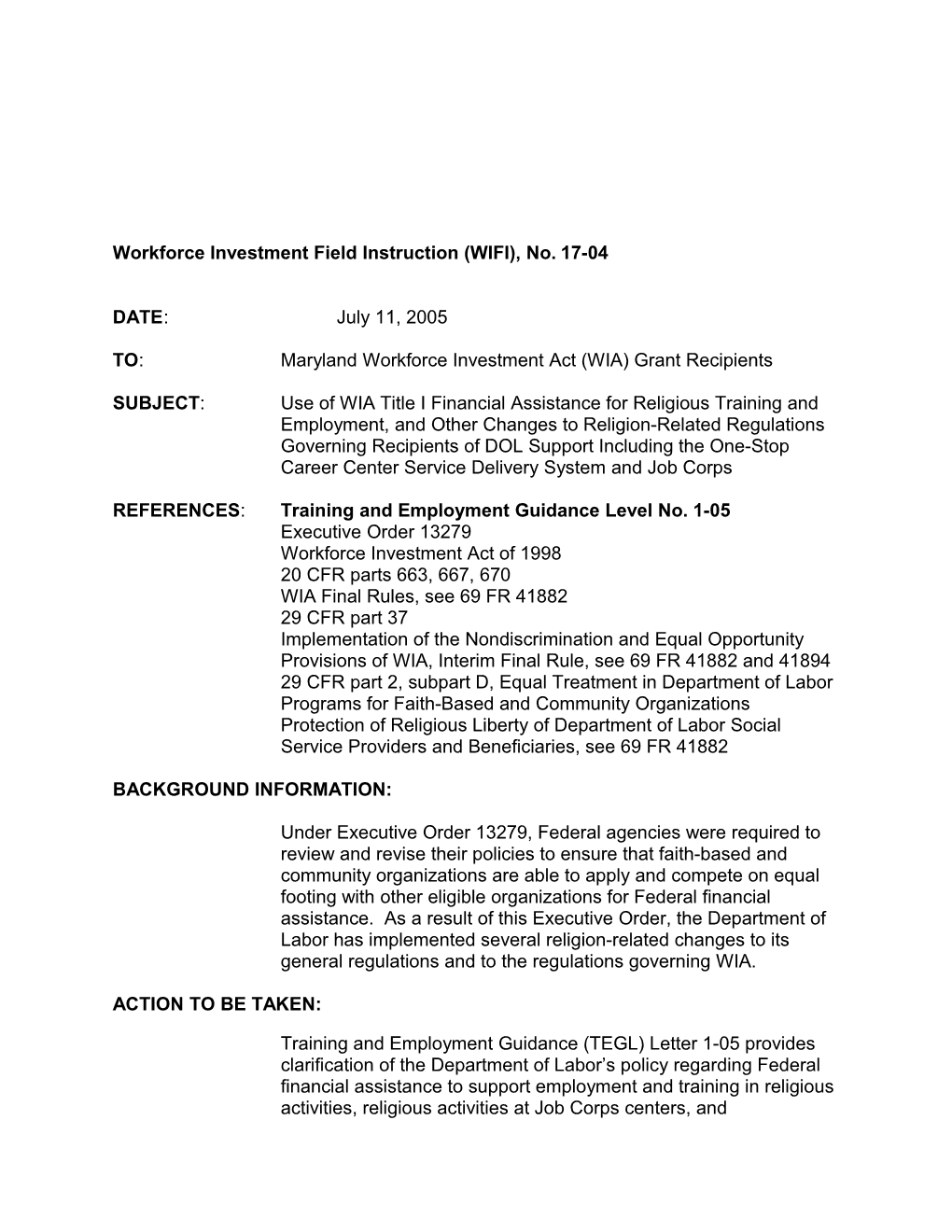 State Field Instruction (SFI), Maryland Job Training Partnership Act (JTPA), No