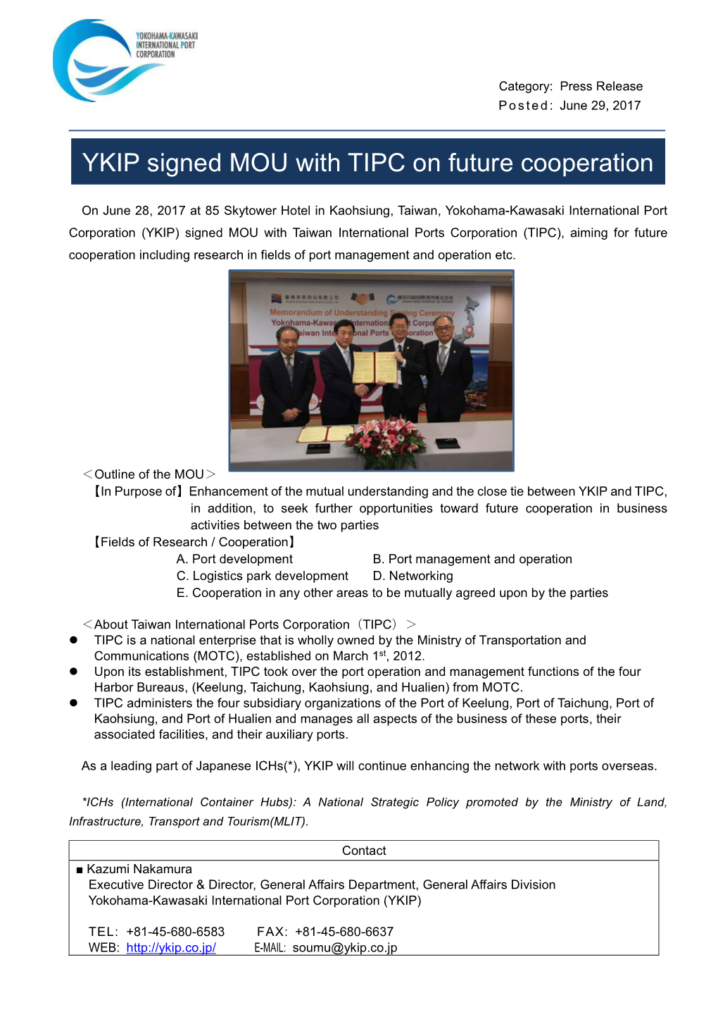 YKIP Signed MOU with TIPC on Future Cooperation