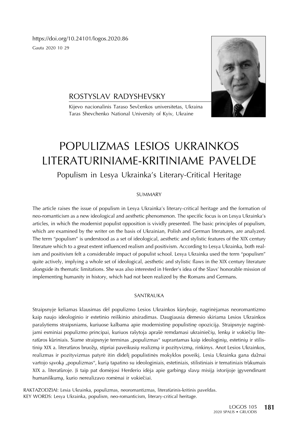 Populizmas Lesios Ukrainkos Literatūriniame-Kritiniame Pavelde Populism in Lesya Ukrainka’S Literary-Critical Heritage