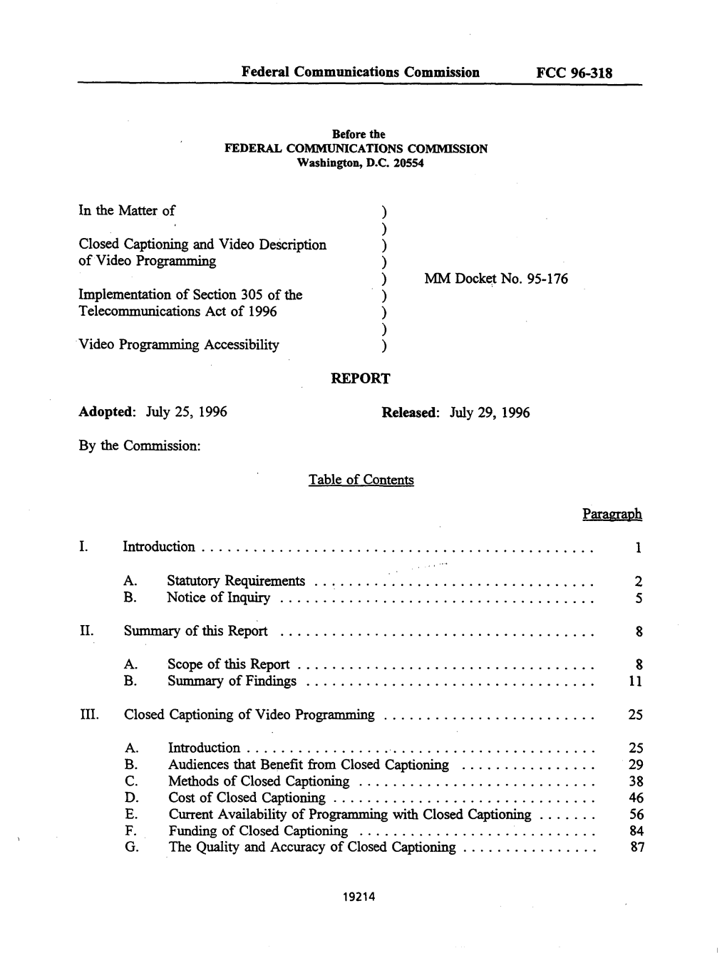 Federal Communications Commission FCC 96-318 REPORT