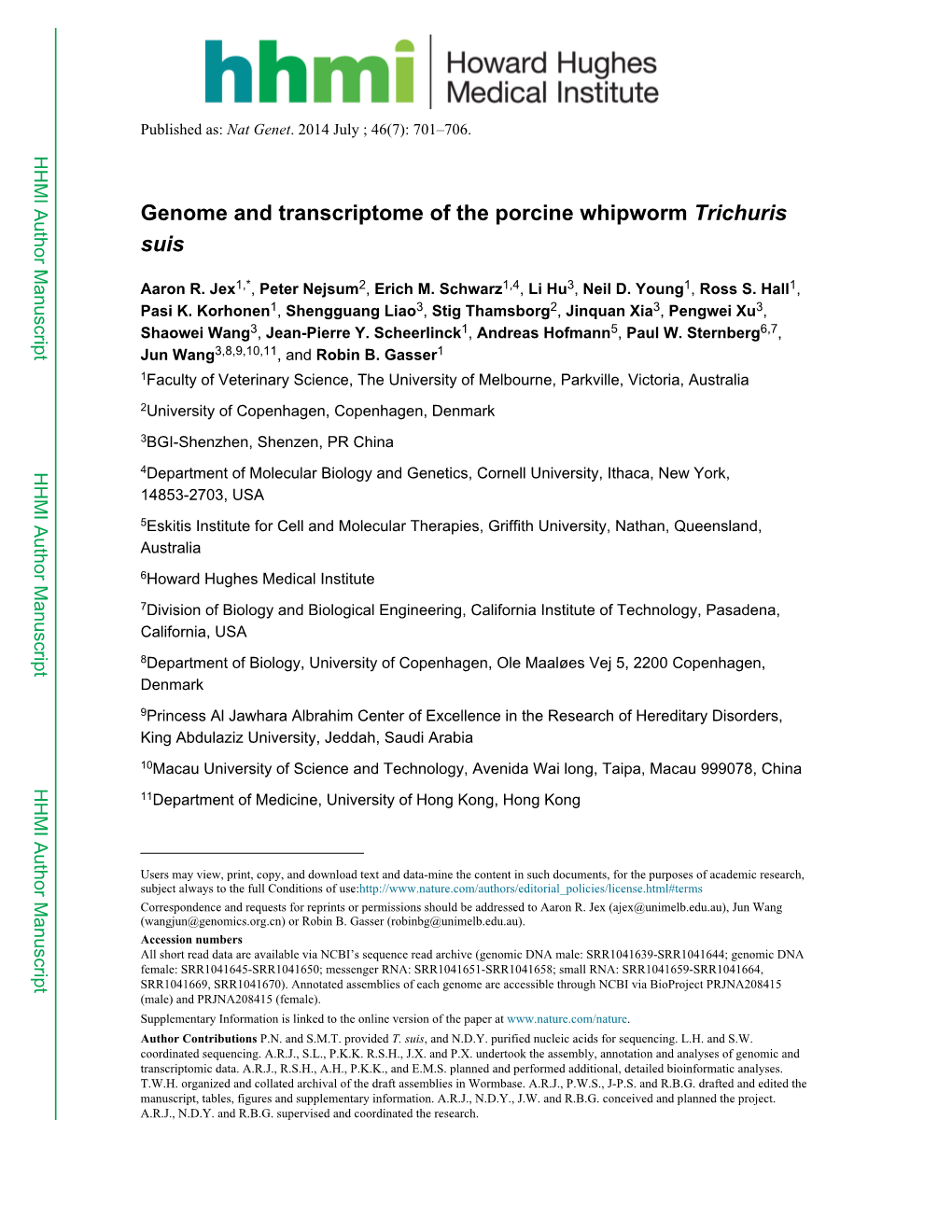 Genome and Transcriptome of the Porcine Whipworm Trichuris Suis