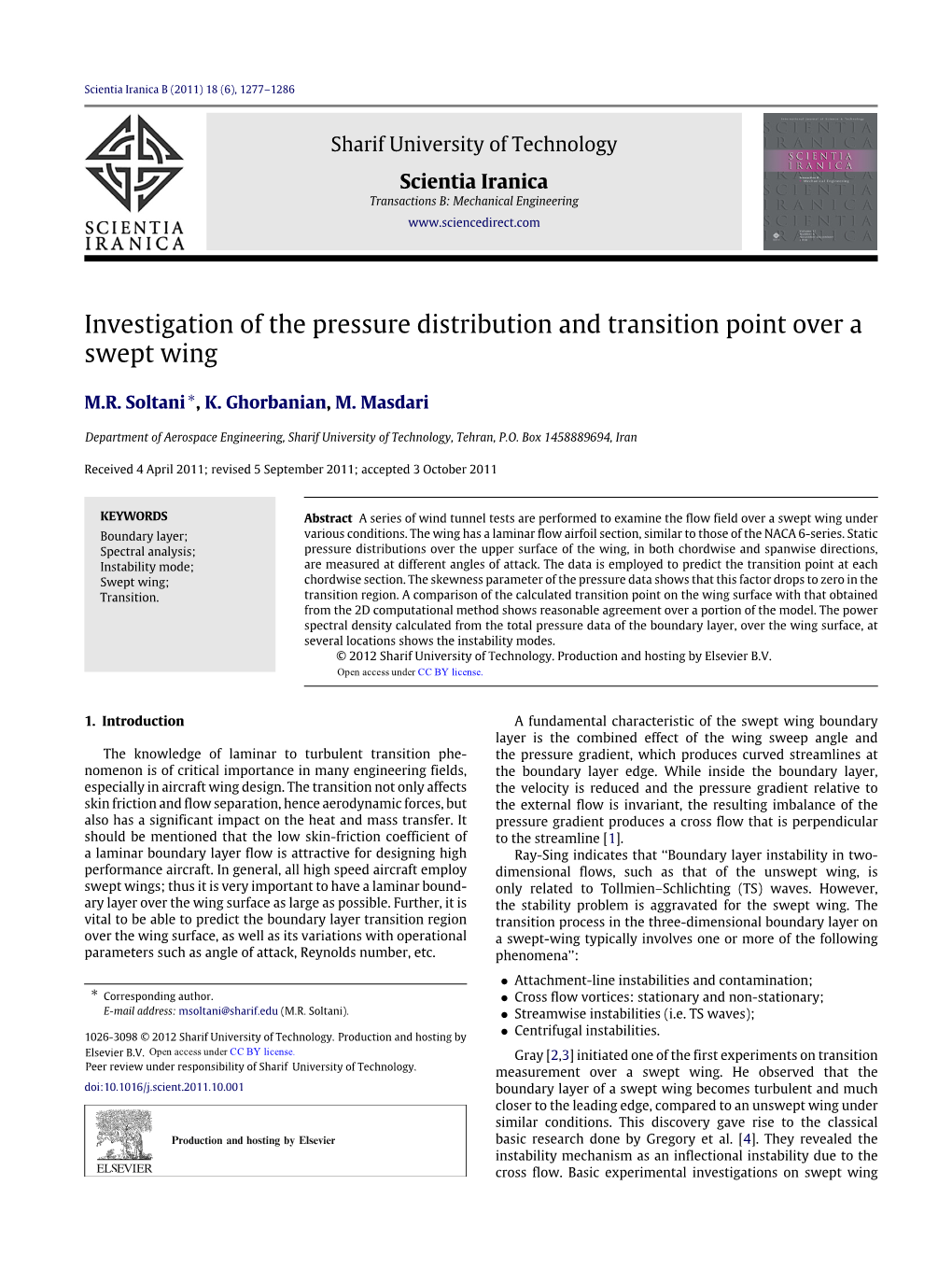 Investigation of the Pressure Distribution and Transition Point Over a Swept Wing